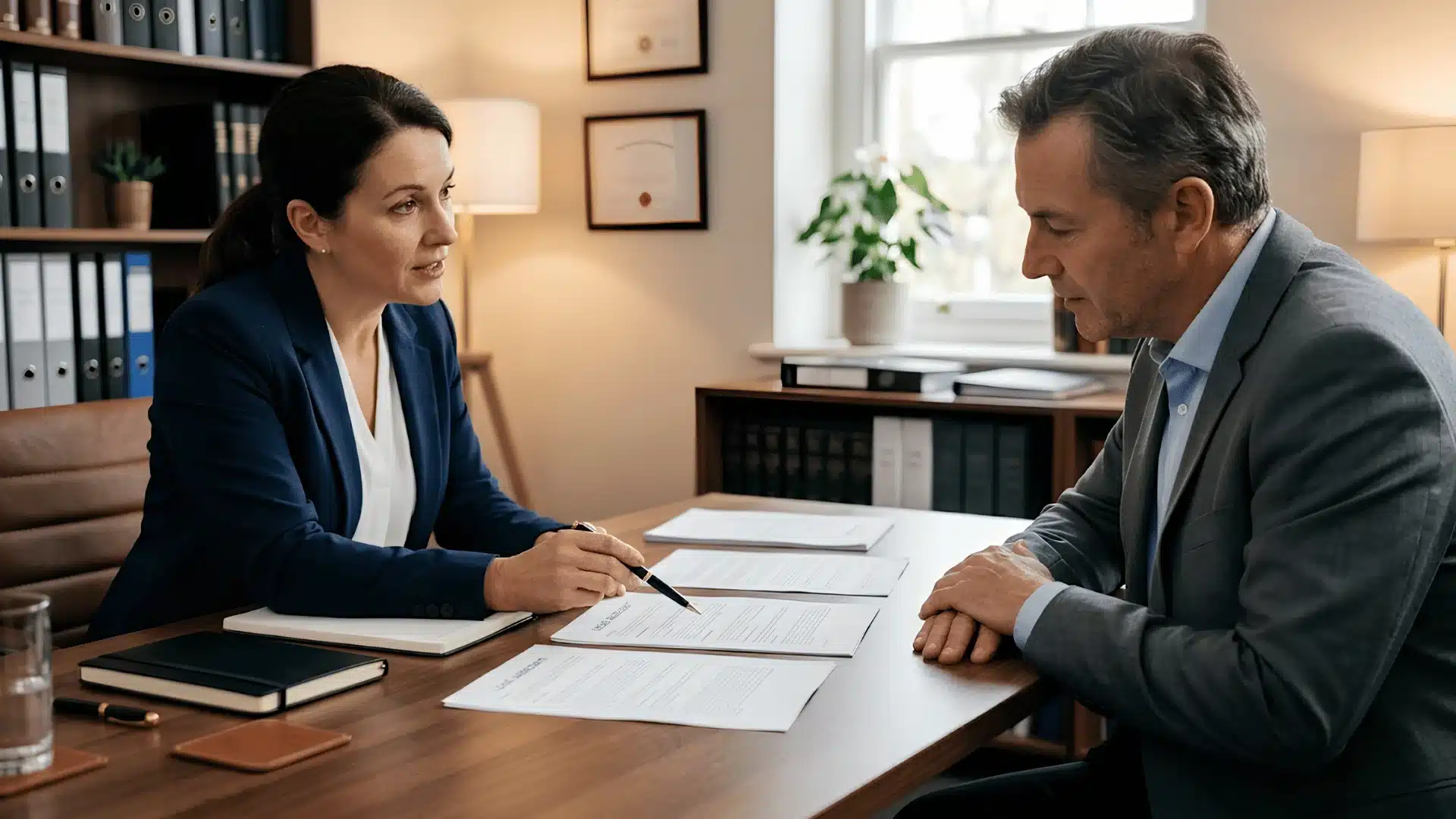 Client consulting lawyer in office discussing legal documents and settlement details
