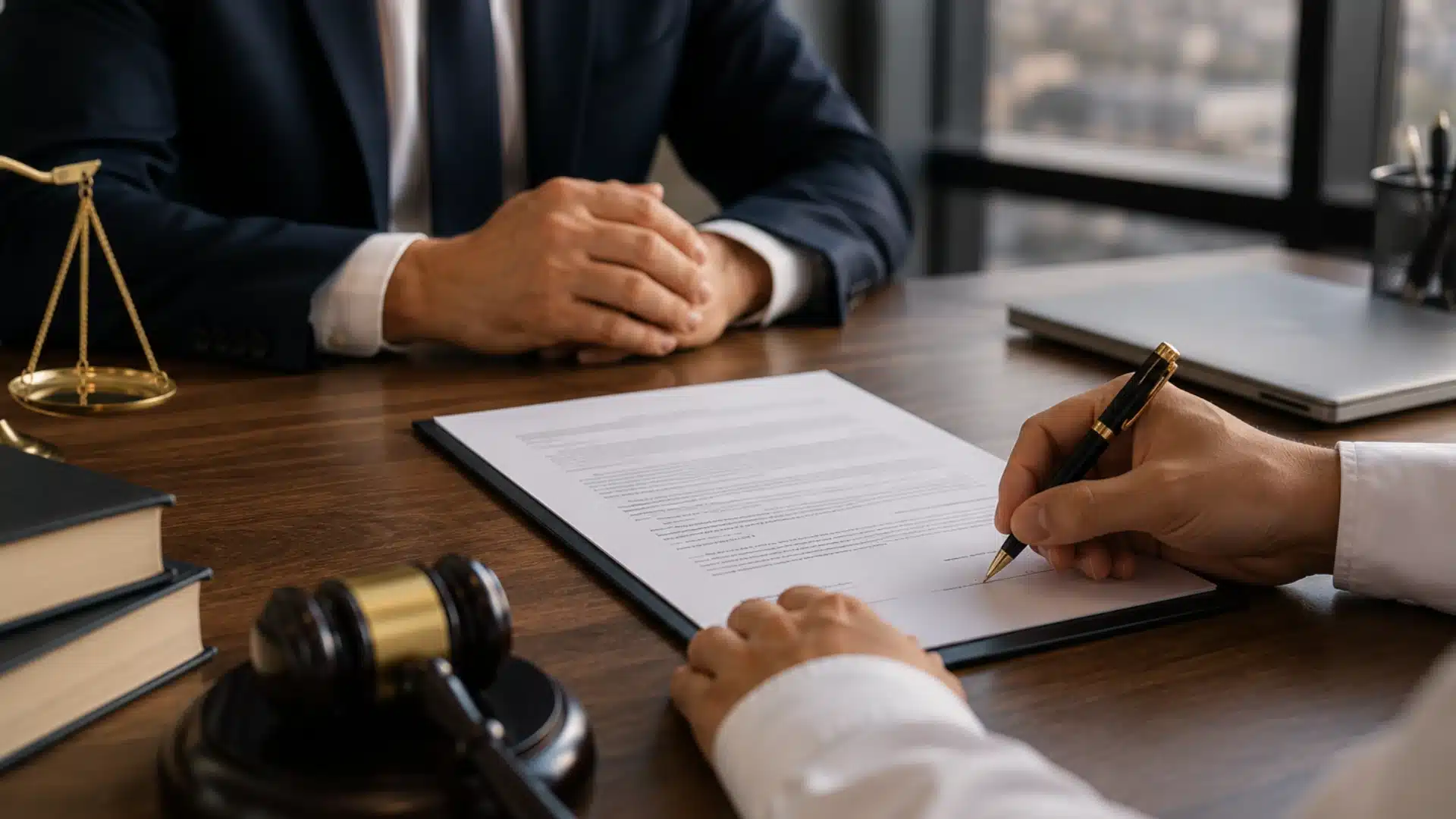 Client signing legal agreement with attorney at office desk beside gavel and justice scale