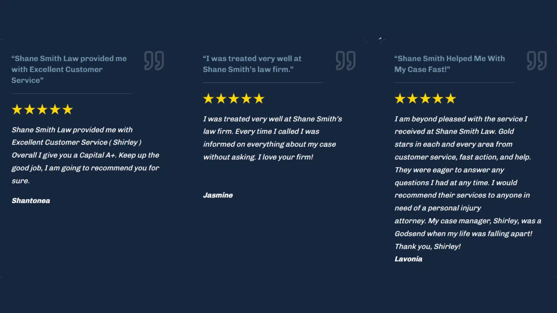Client testimonials with five-star reviews for a personal injury law firm