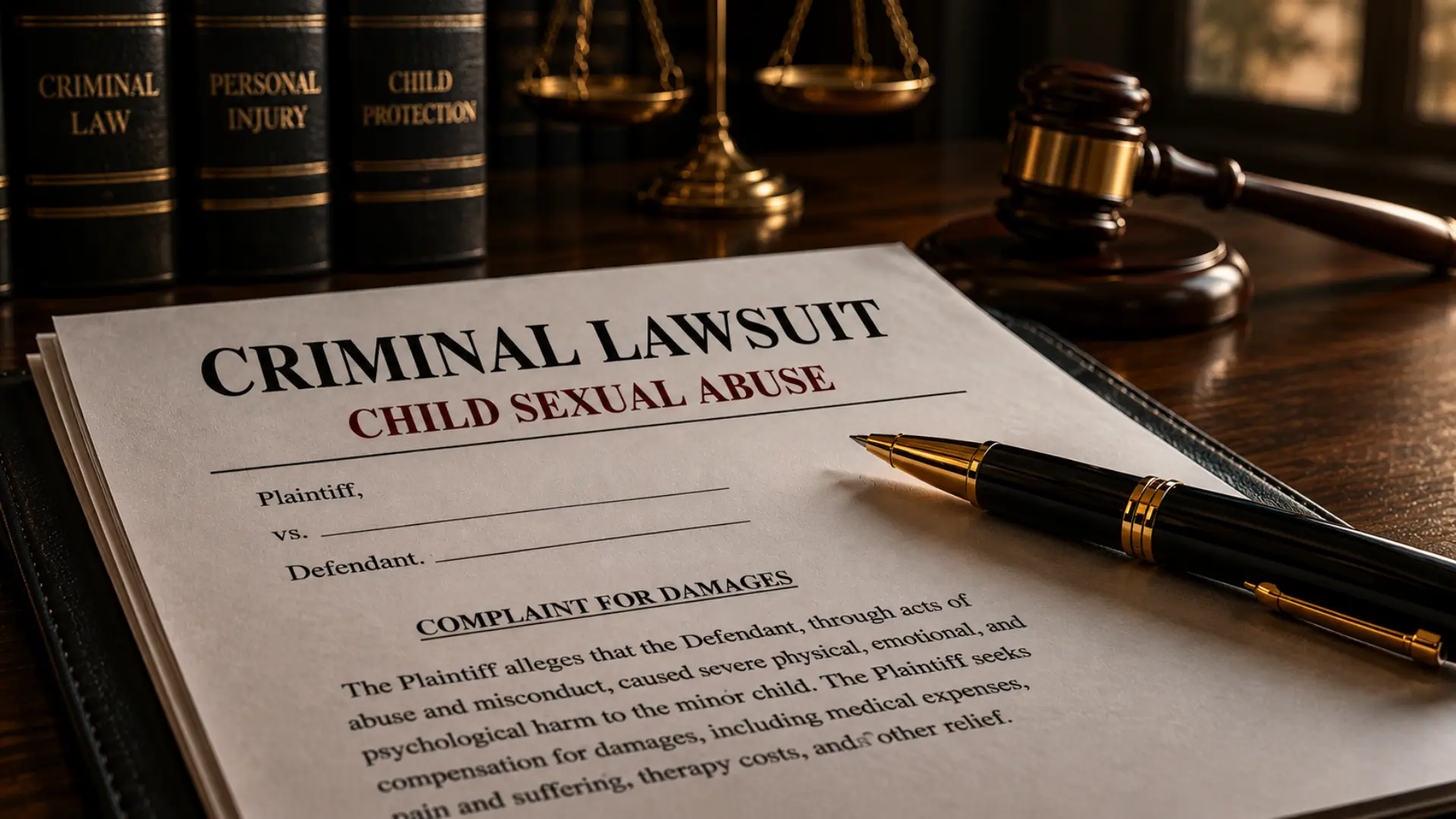 Close-up of lawsuit paperwork and pen on desk in a softly lit law office setting