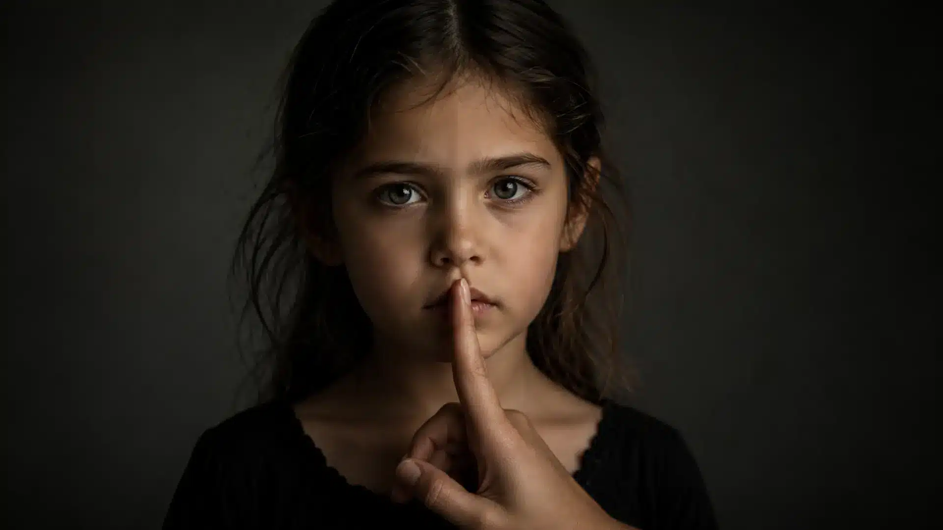Close-up portrait of a child facing camera with a quiet gesture, conveying silence and protection