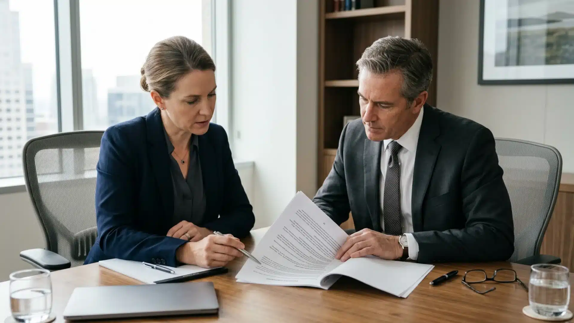 Colorado breach of contract lawyer reviewing agreement with client at conference table