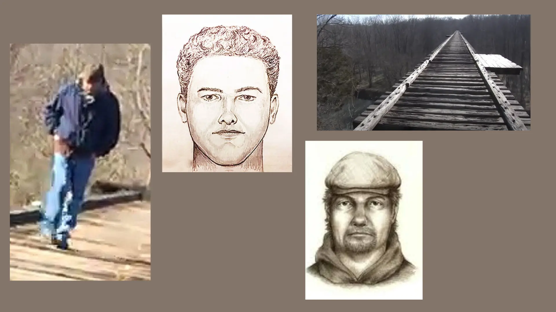 Composite image showing a man walking outdoors, a wooden railway bridge, and two suspect-style facial sketches.