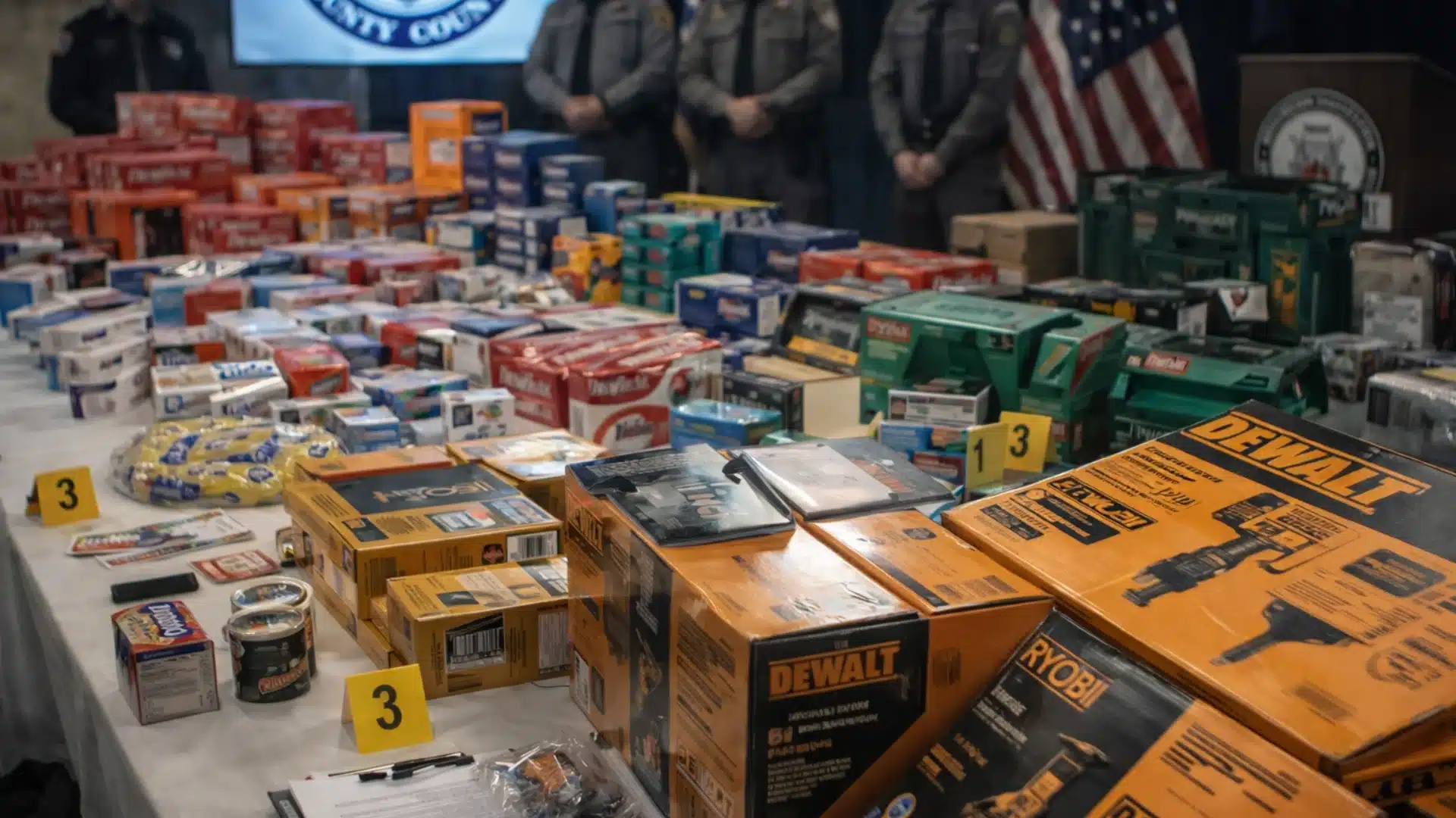 Confiscated retail goods including power tools, electronics, and boxed items displayed on a table with officers blurred in the background during an investigation