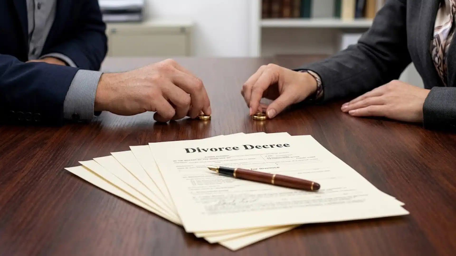 Couple handling divorce decree papers and rings during a legal separation or divorce discussion in office