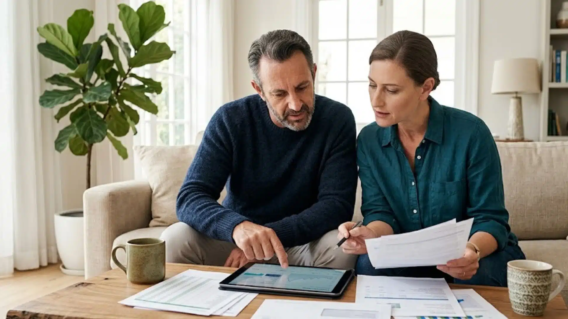 Couple reviewing estate planning documents and financial charts on a tablet at home