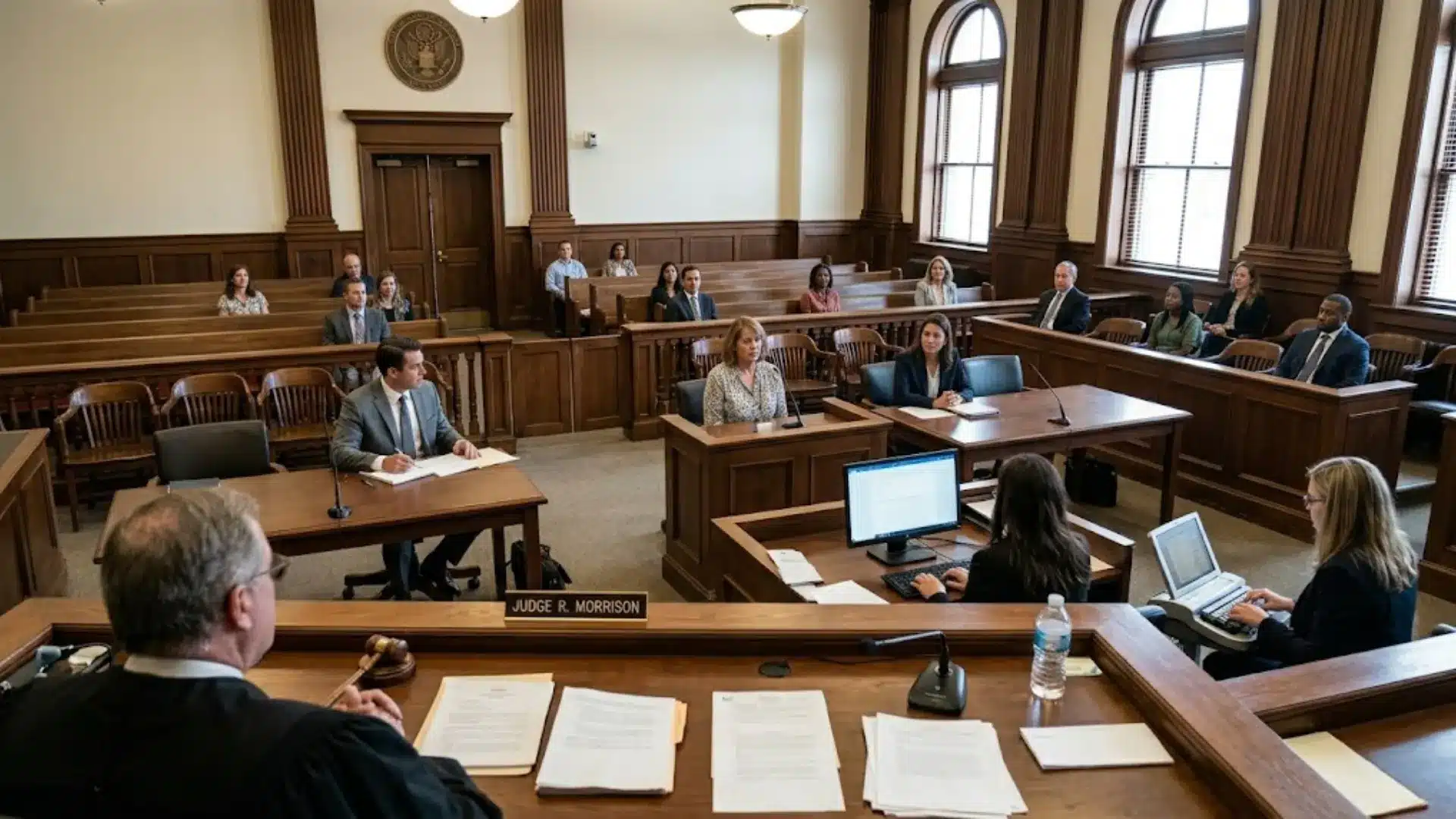 Courtroom during legal proceedings with judge, attorneys, witnesses, and jury seating in a criminal law case