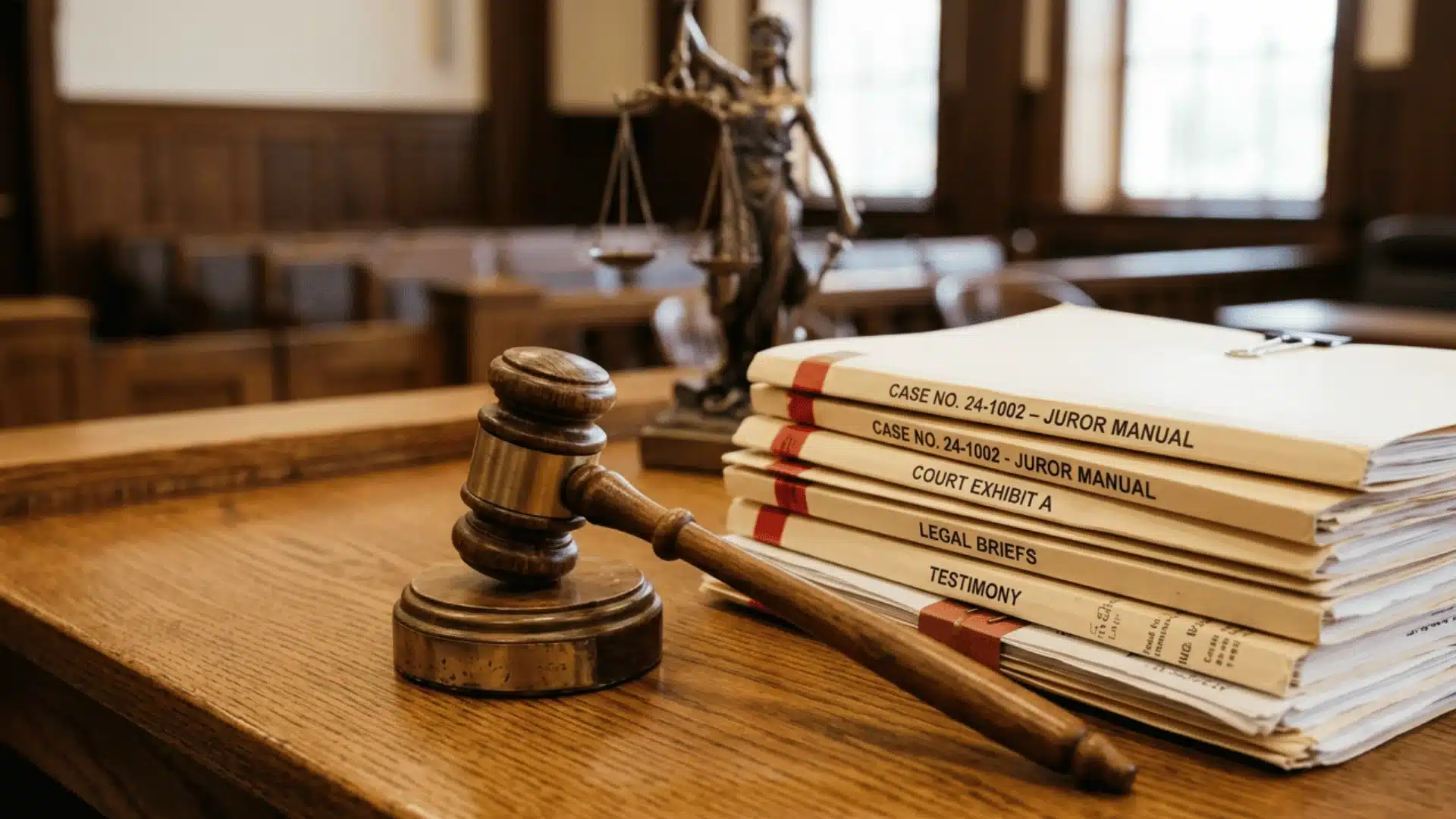Courtroom gavel and legal case documents on a judge’s bench with scales of justice in the background