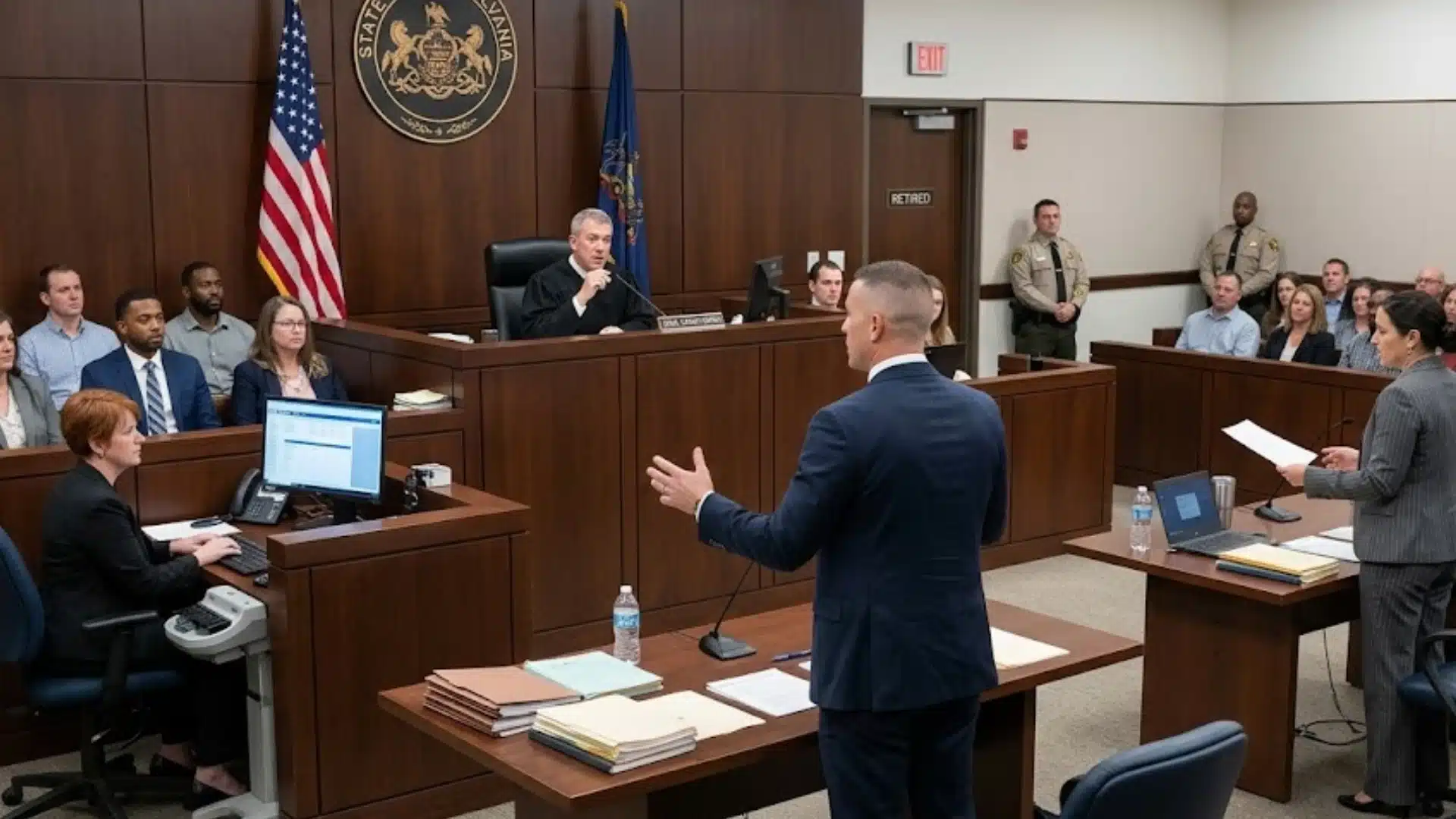 Courtroom proceeding with judge, attorneys, witnesses, and spectators during a criminal hearing in state court