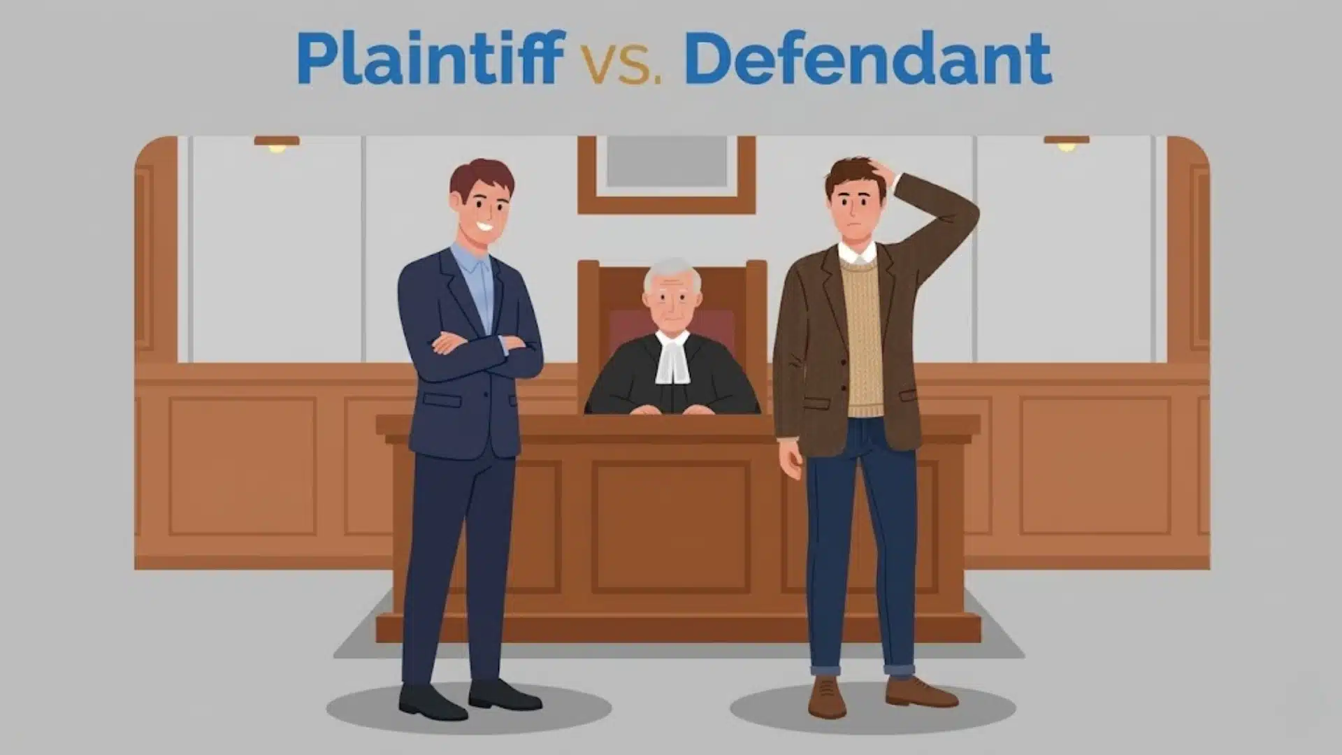 Courtroom scene showing plaintiff and defendant standing before a judge during a legal case hearing explanation