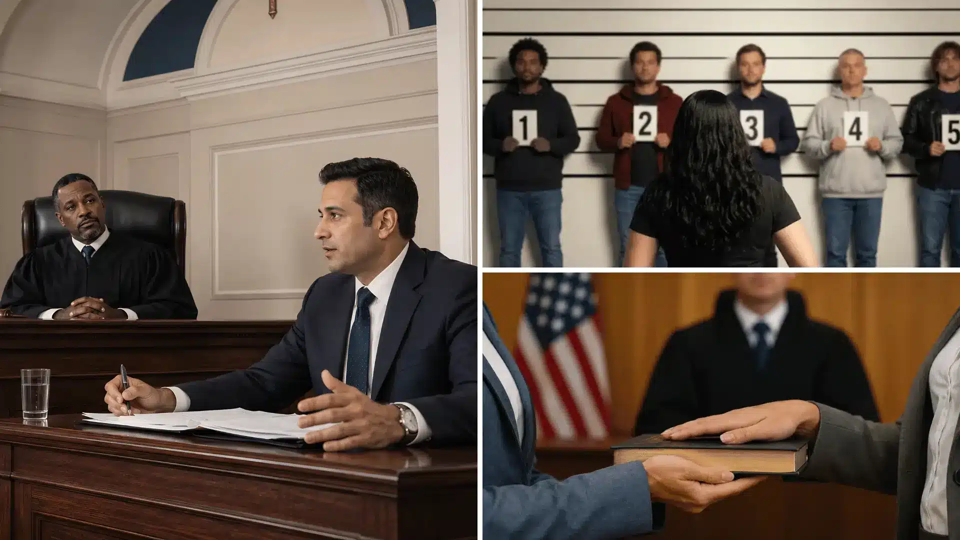 Courtroom testimony, suspect lineup, and witness oath during criminal trial proceedings