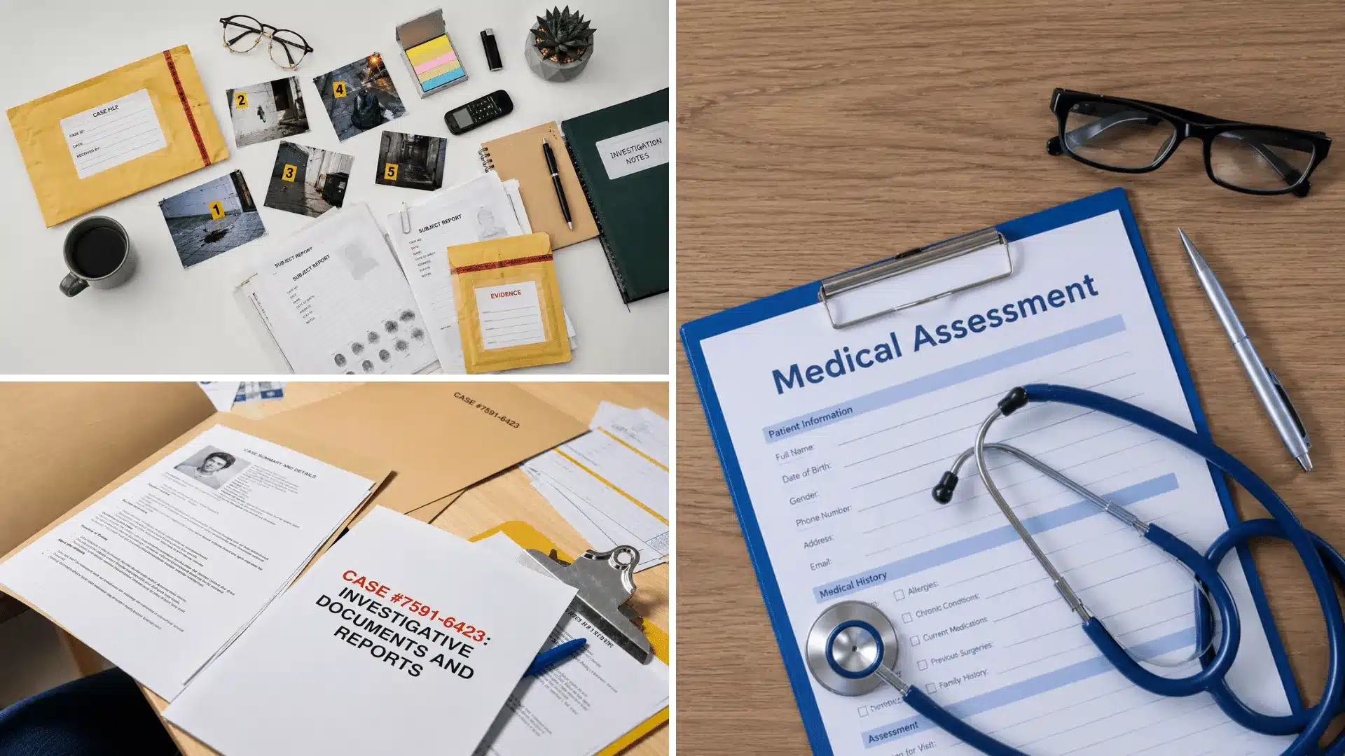Crime investigation files, evidence bags, and medical assessment documents on office desk