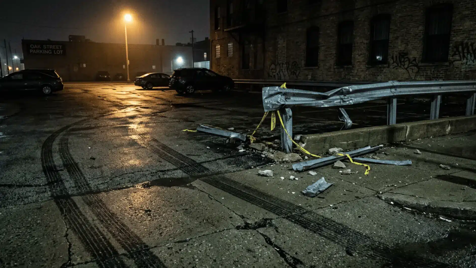 Damaged guardrail and skid marks in a wet parking lot at night, suggesting a recent vehicle crash