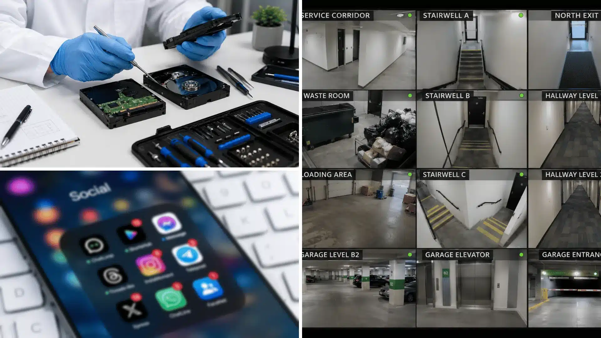 Digital forensic hard drive analysis, social media evidence, and security camera footage