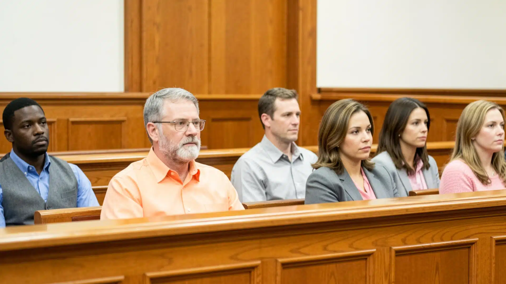 Diverse jurors seated in a courtroom jury box during a formal criminal court proceeding