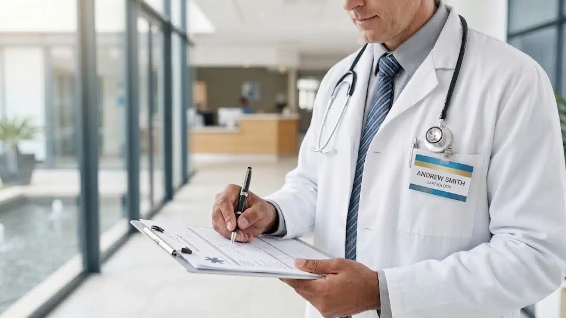 Doctor holding a medical form on a clipboard while standing in a bright clinic hallway with a stethoscope