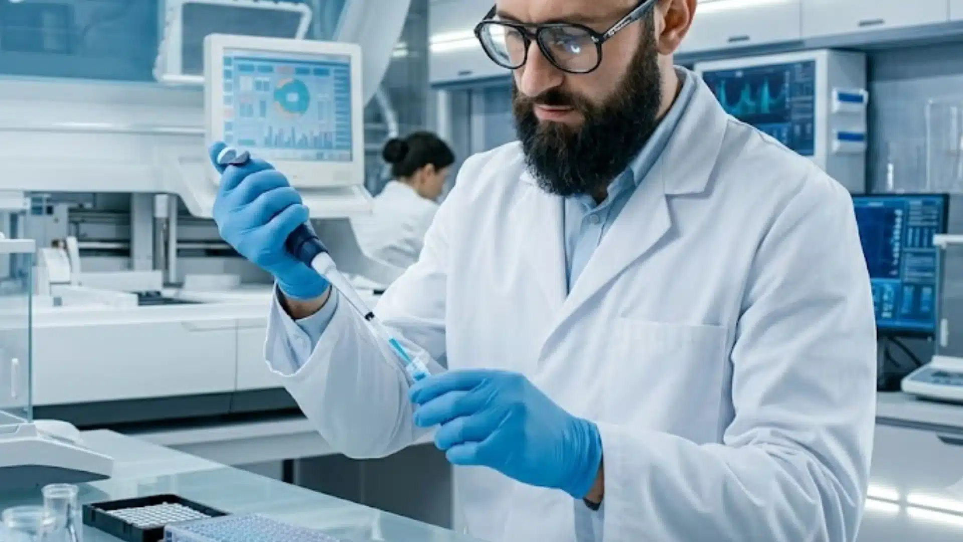 Doctor in a medical lab using a pipette to run a diagnostic test with advanced equipment