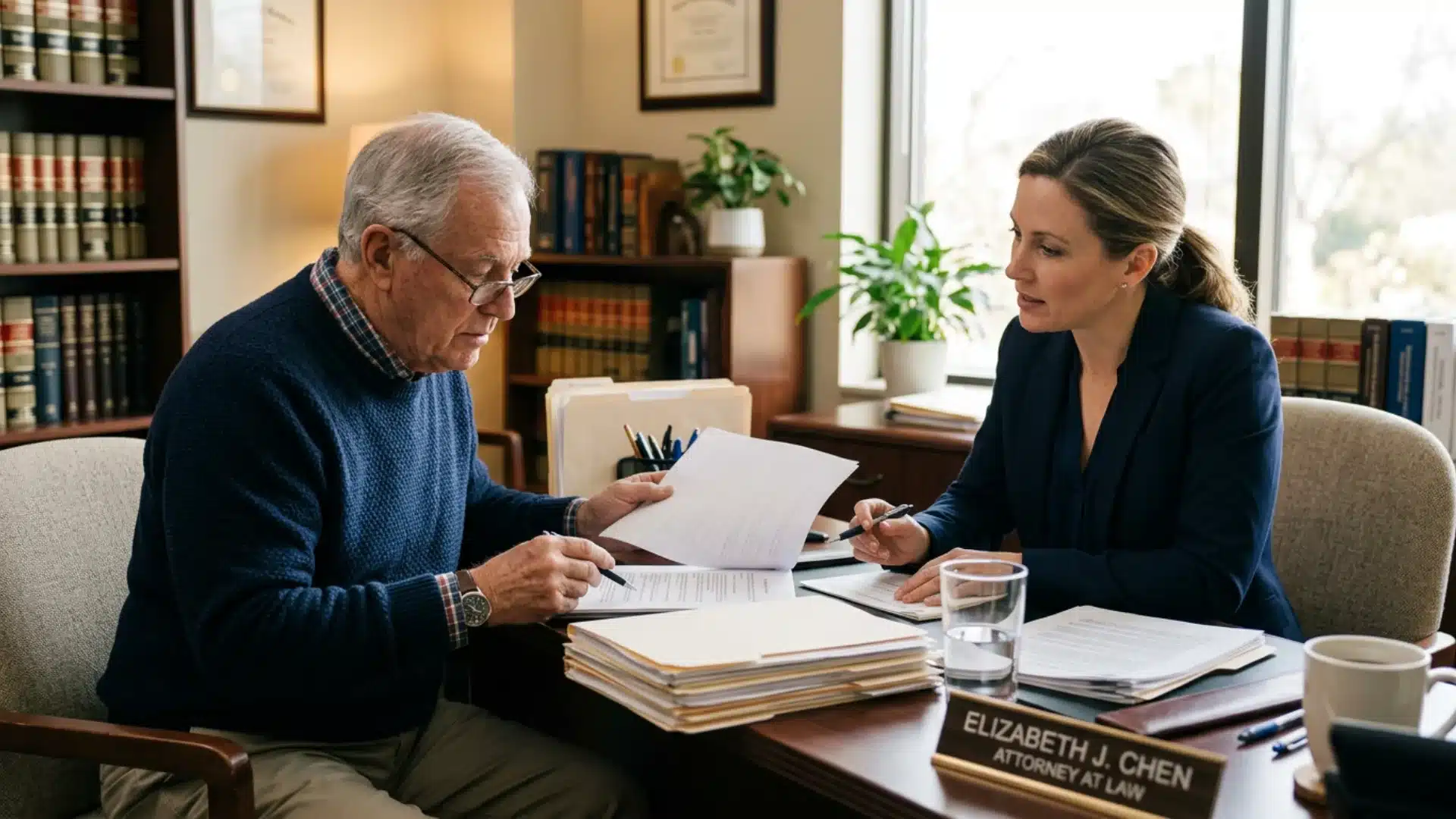 Elderly man reviewing power of attorney documents with an attorney