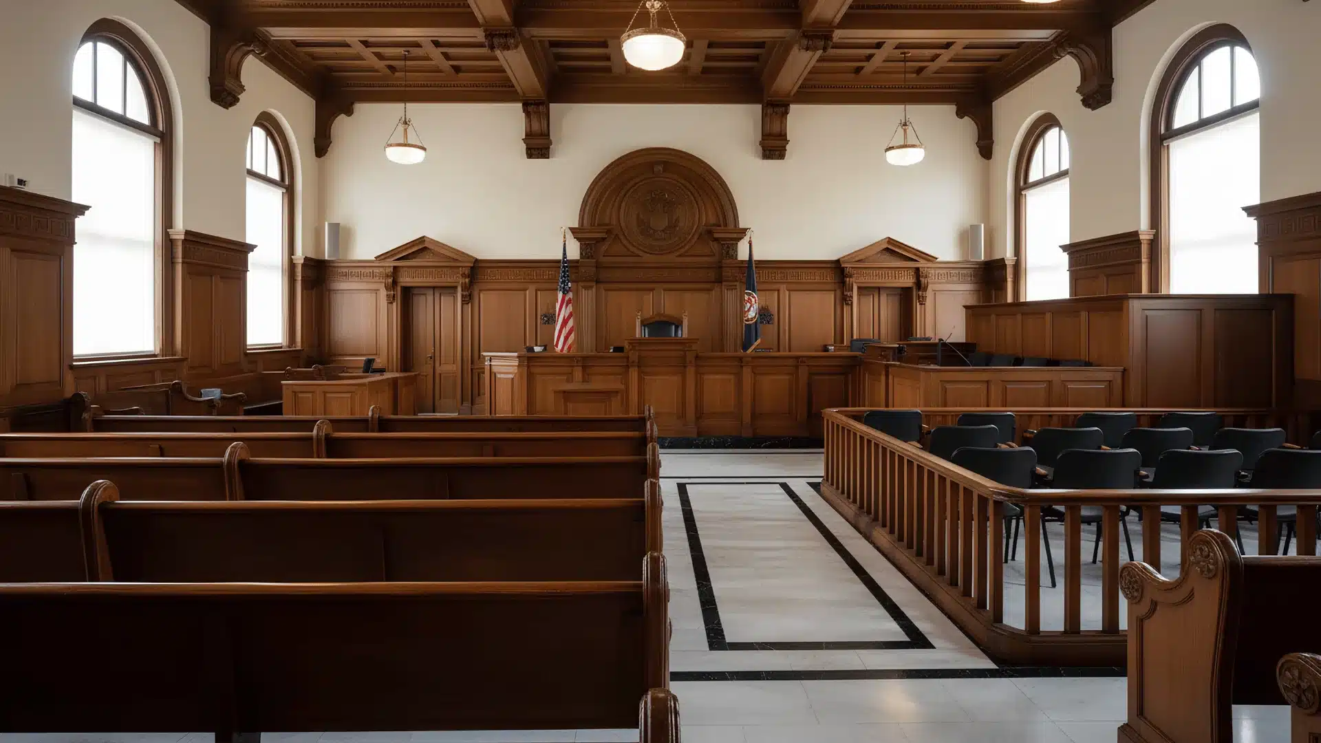 Empty courtroom interior showing judge's bench and jury box, representing criminal law proceedings