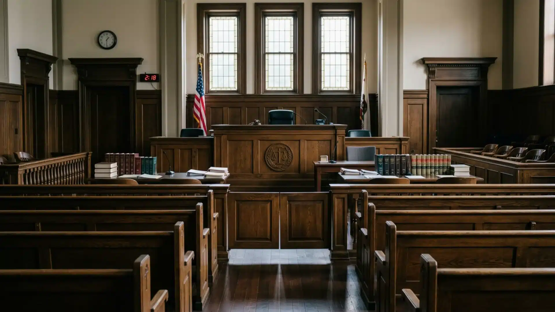 Empty formal courtroom with gavel and law books, representing filial responsibility law enforcement in court
