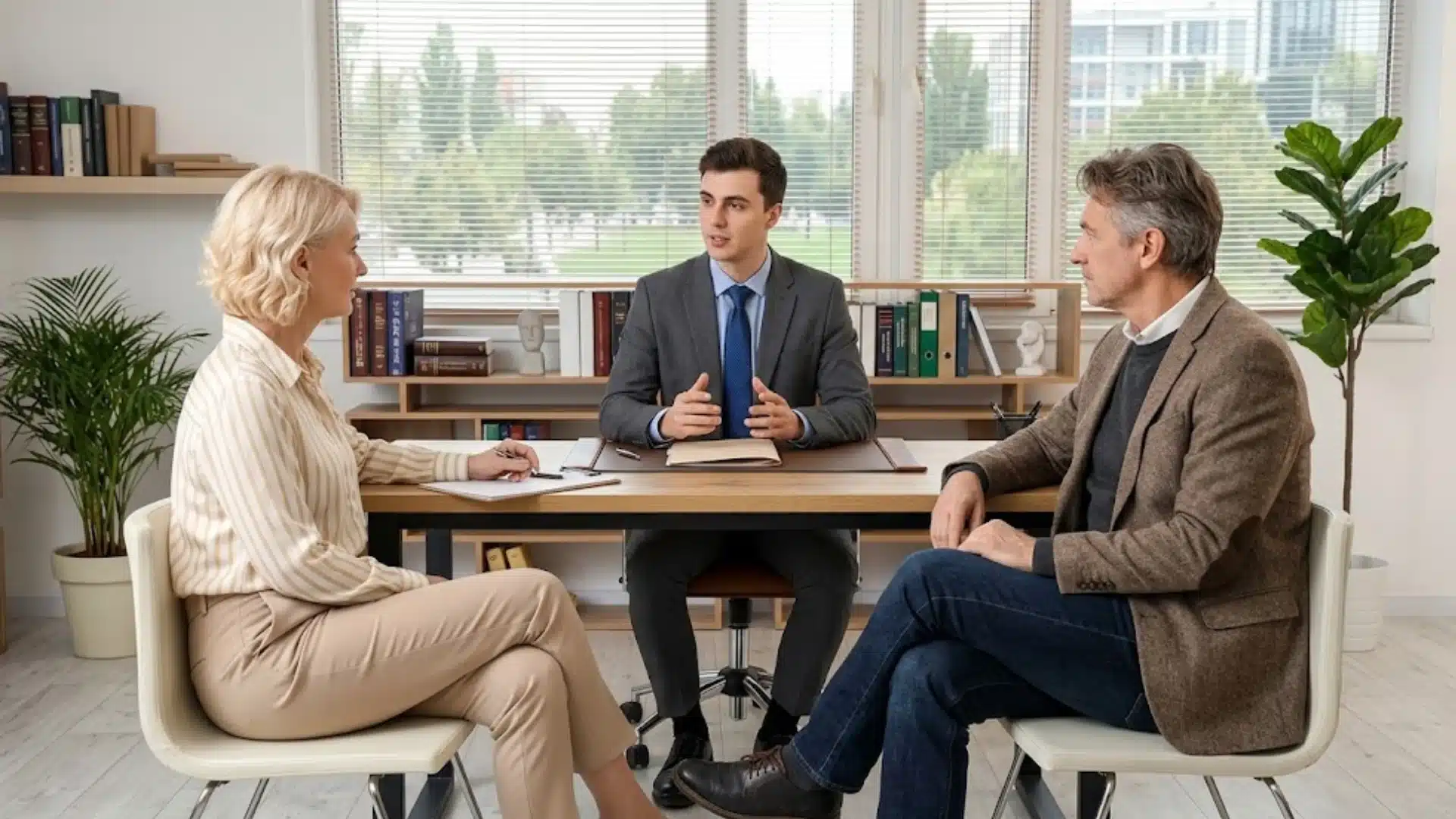 Family meeting with an estate planner discussing trust and inheritance decisions in a professional office