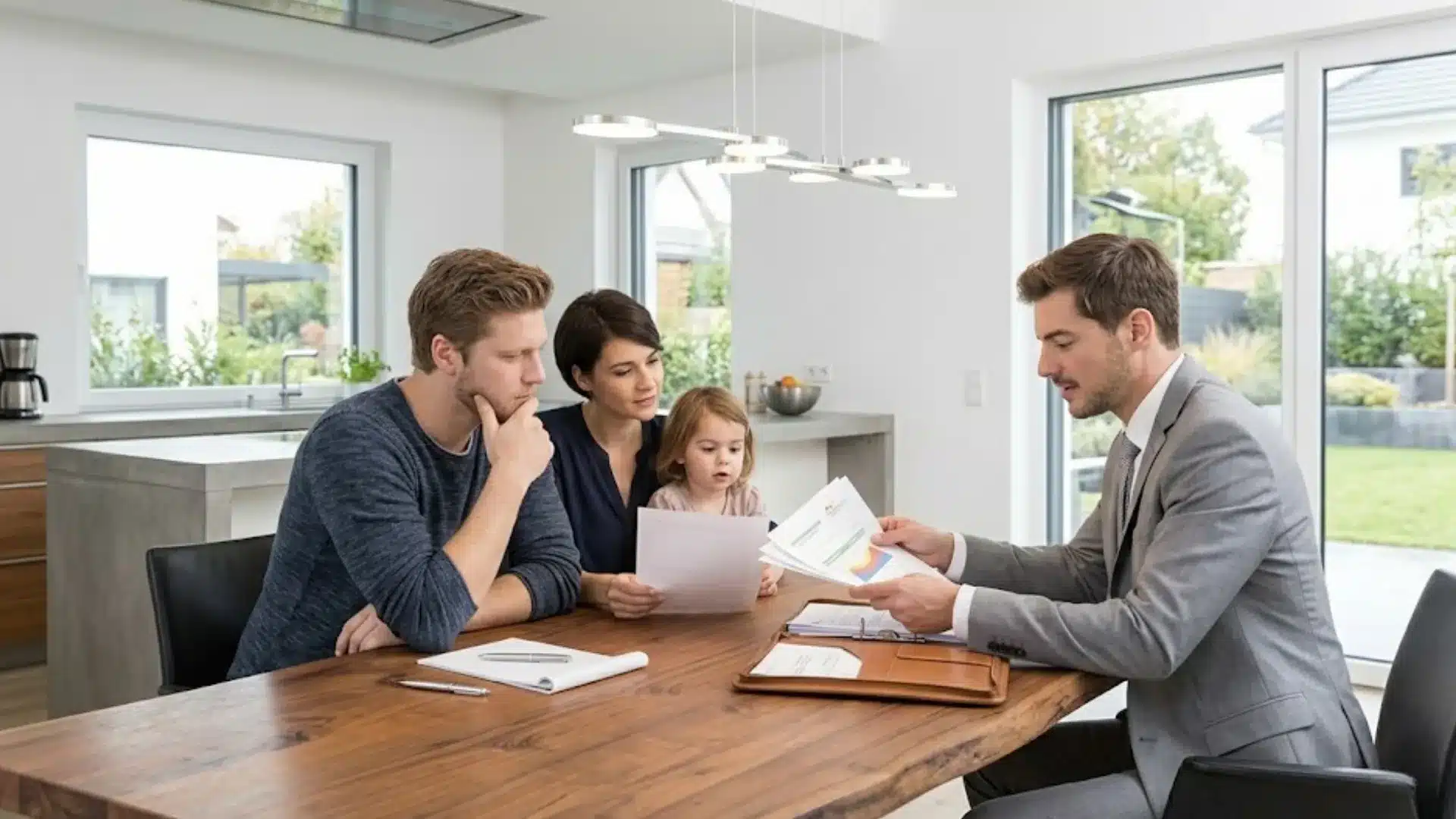 Family reviewing estate planning documents with an advisor discussing a revocable trust
