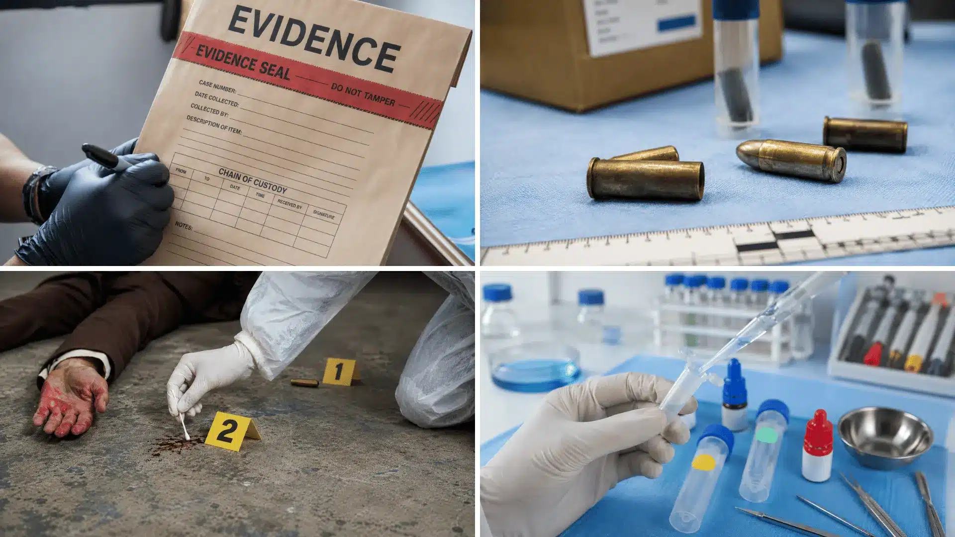 Forensic evidence collection, bullet casing analysis, and DNA sample testing in crime lab