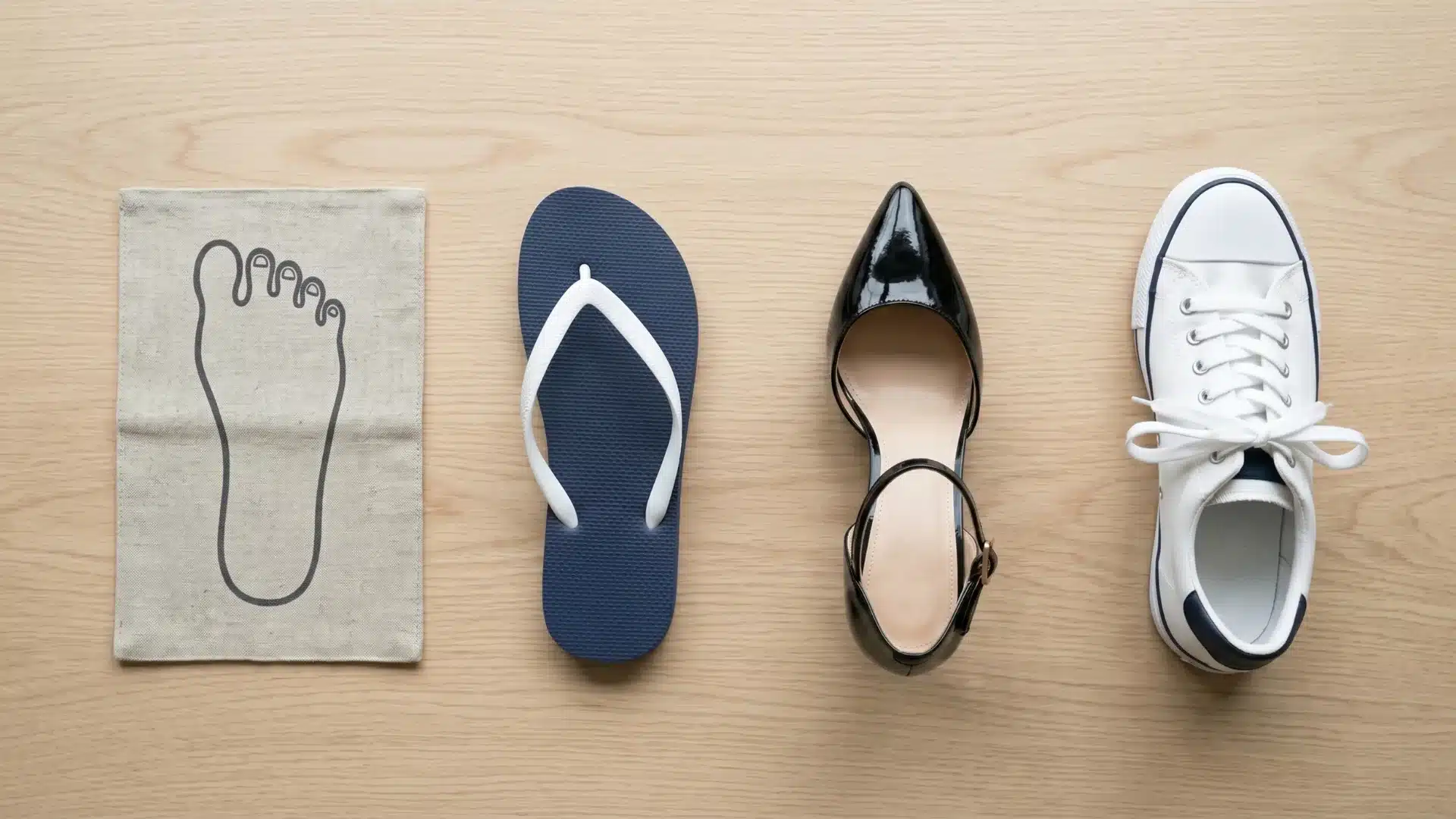 Four footwear options compared for driving safety barefoot, flip-flop, high heel, and flat sneaker