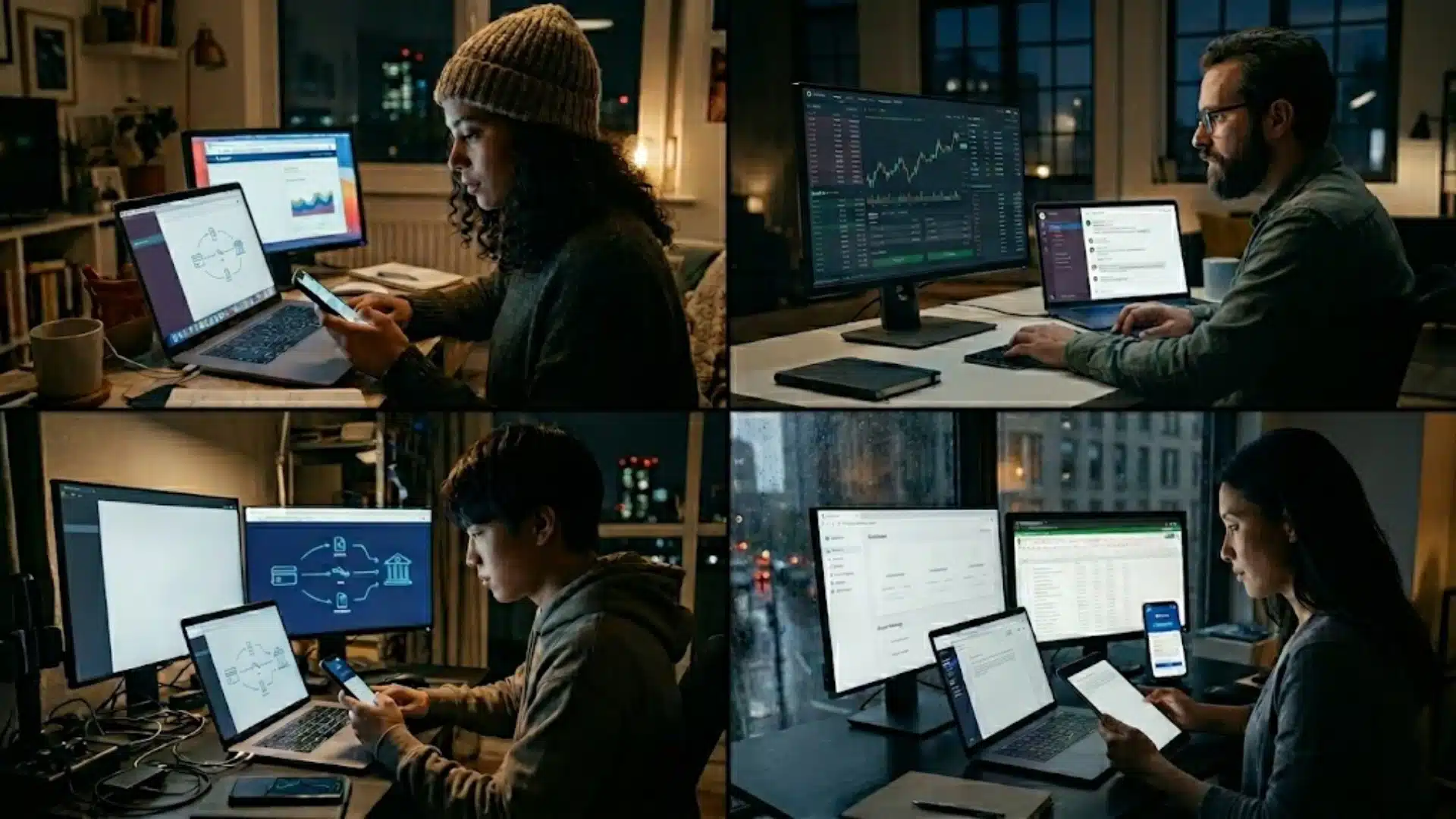 Four people work at night on devices, each in separate spaces, using screens with charts, data, and digital connections.
