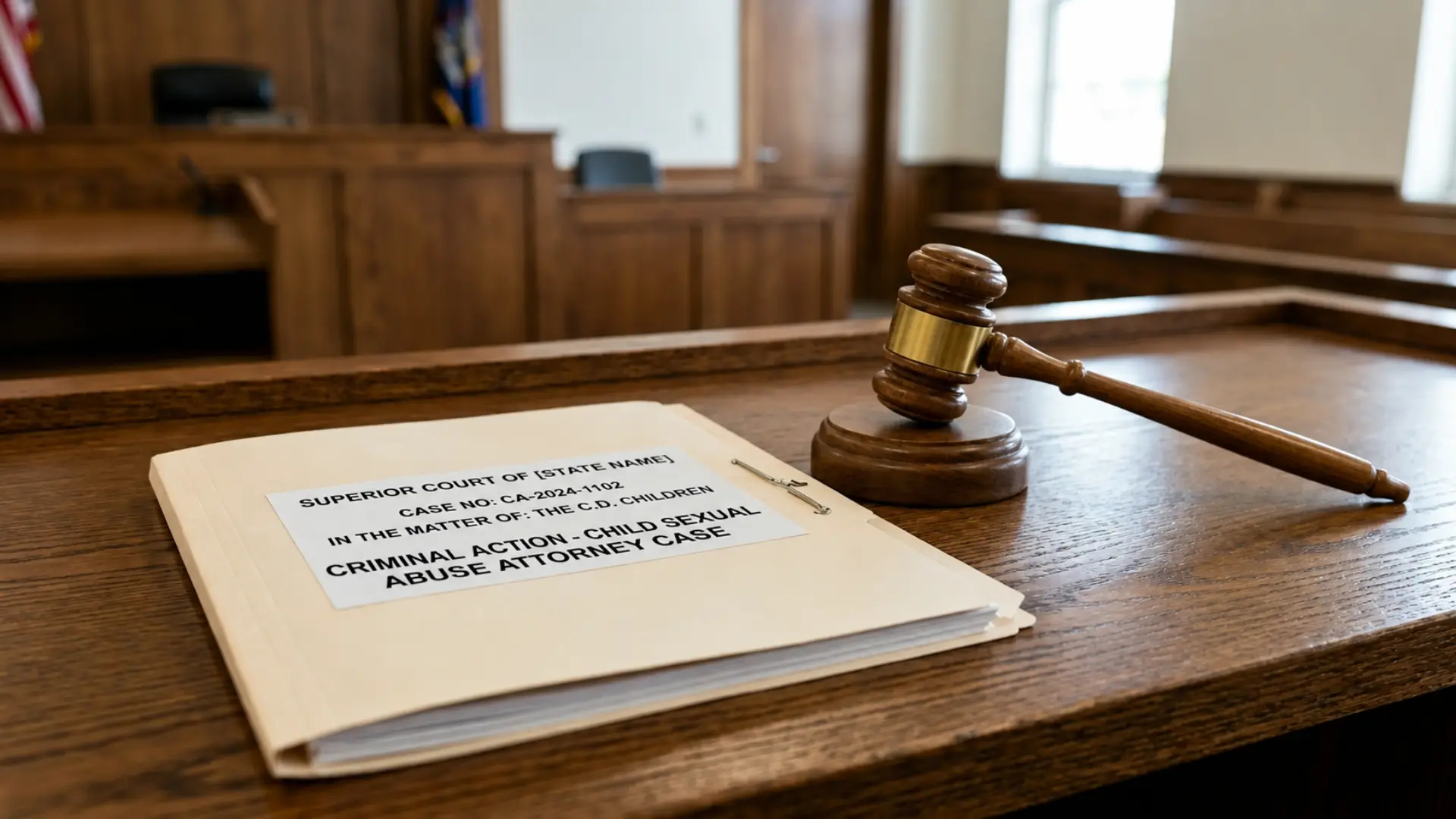 Gavel and legal folder on a wooden desk in a courtroom setting, symbolizing a child abuse case