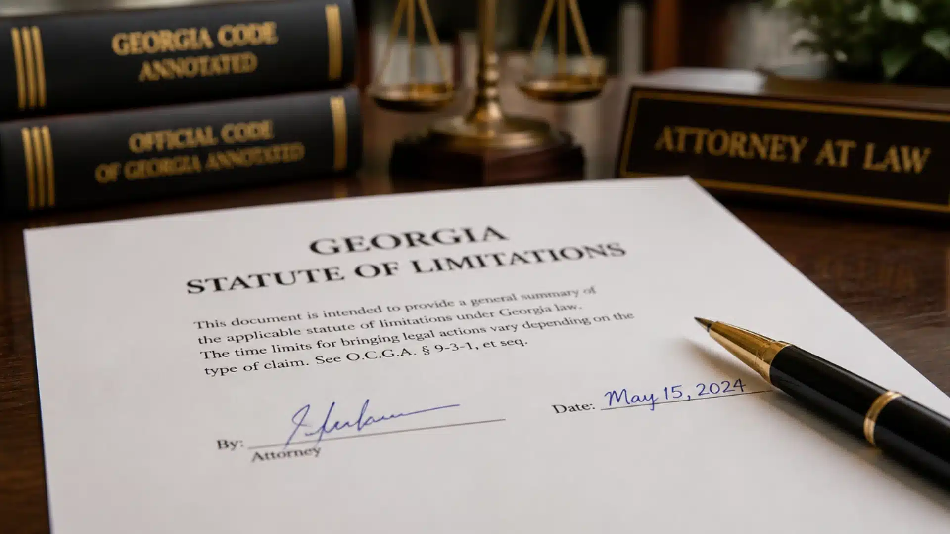 Georgia statute of limitations document signed by attorney on law office desk