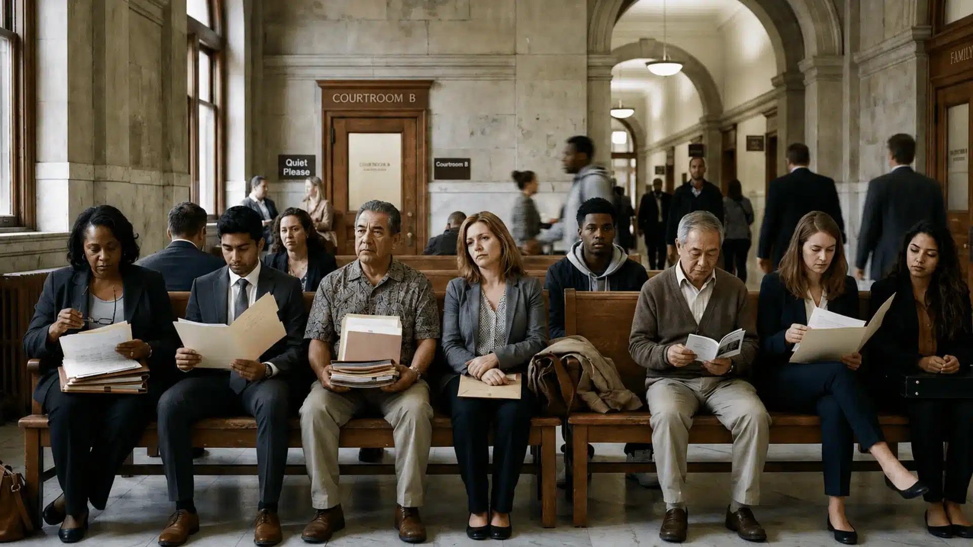 Group of plaintiffs in a courthouse hallway before a class action lawsuit hearing