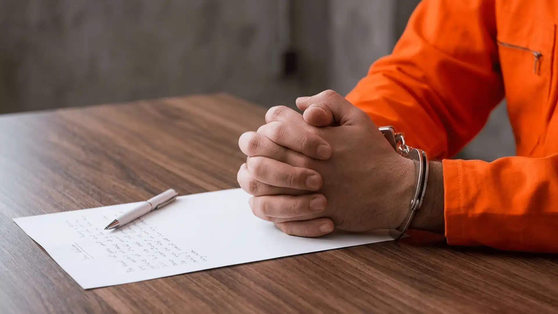 Handcuffed person in an orange jumpsuit with clasped hands sitting at a desk with a pen and paper