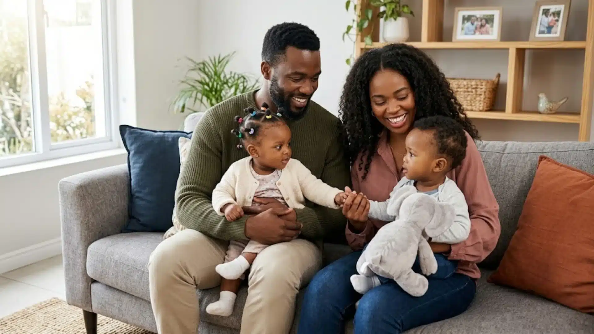 Happy family with young children spending time together at home while planning for their future and security