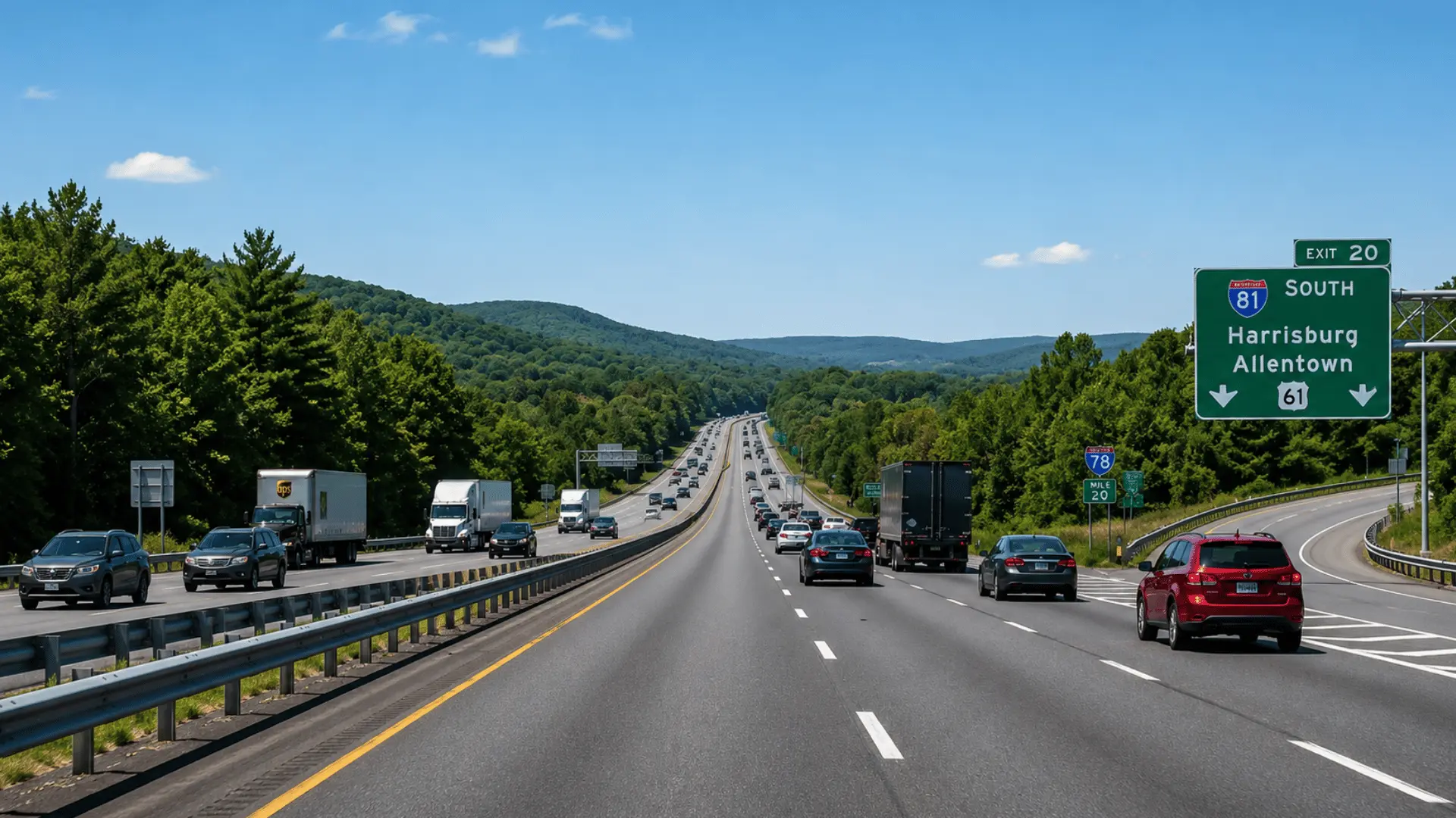 Highway with cars under a clear sky next to an exit sign for Harrisburg and Allentown