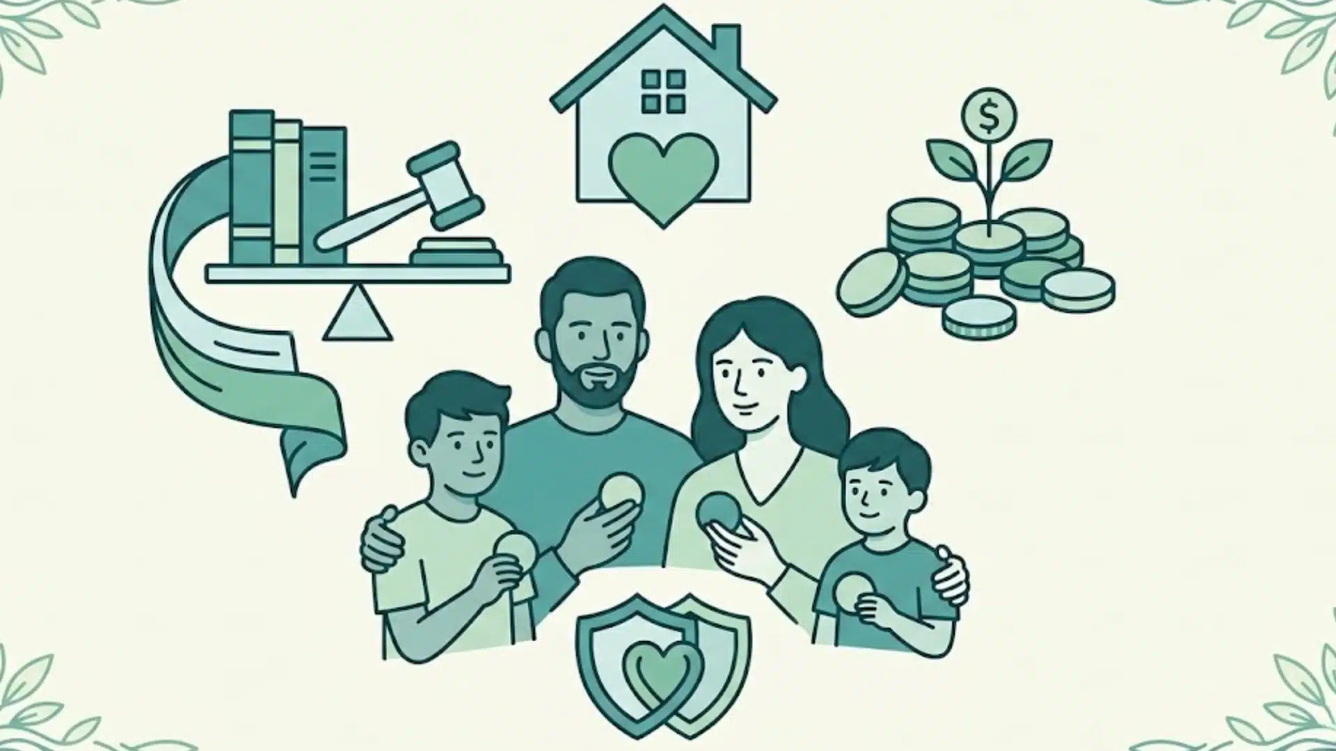 Illustration of a family with inheritance, legal planning, property, and financial protection symbols around them
