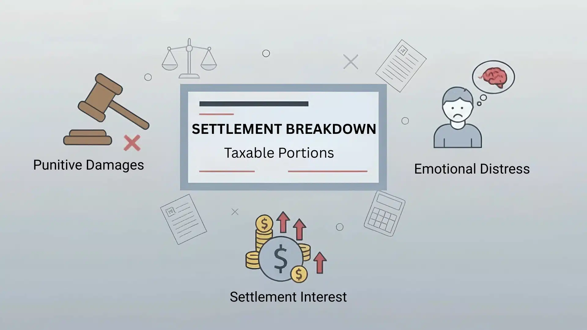 Illustration of taxable settlement portions including punitive damages and emotional distress without injury