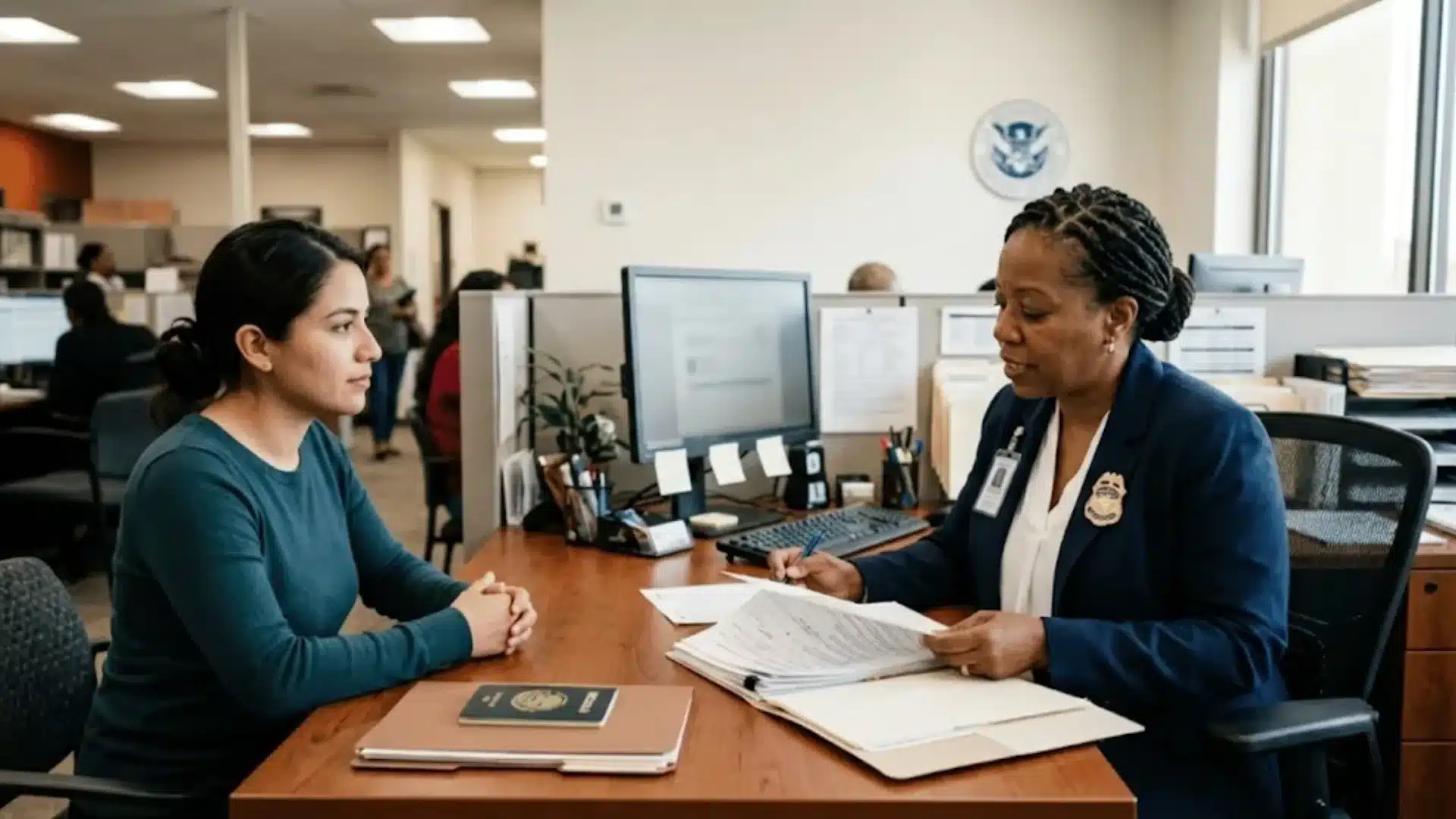 Immigration officer reviewing documents with a woman at a government office