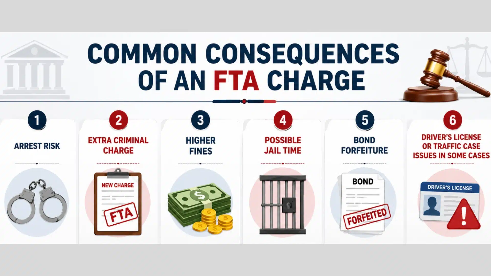 Infographic showing common consequences of an FTA charge including arrest risk, fines, jail time, and bond loss
