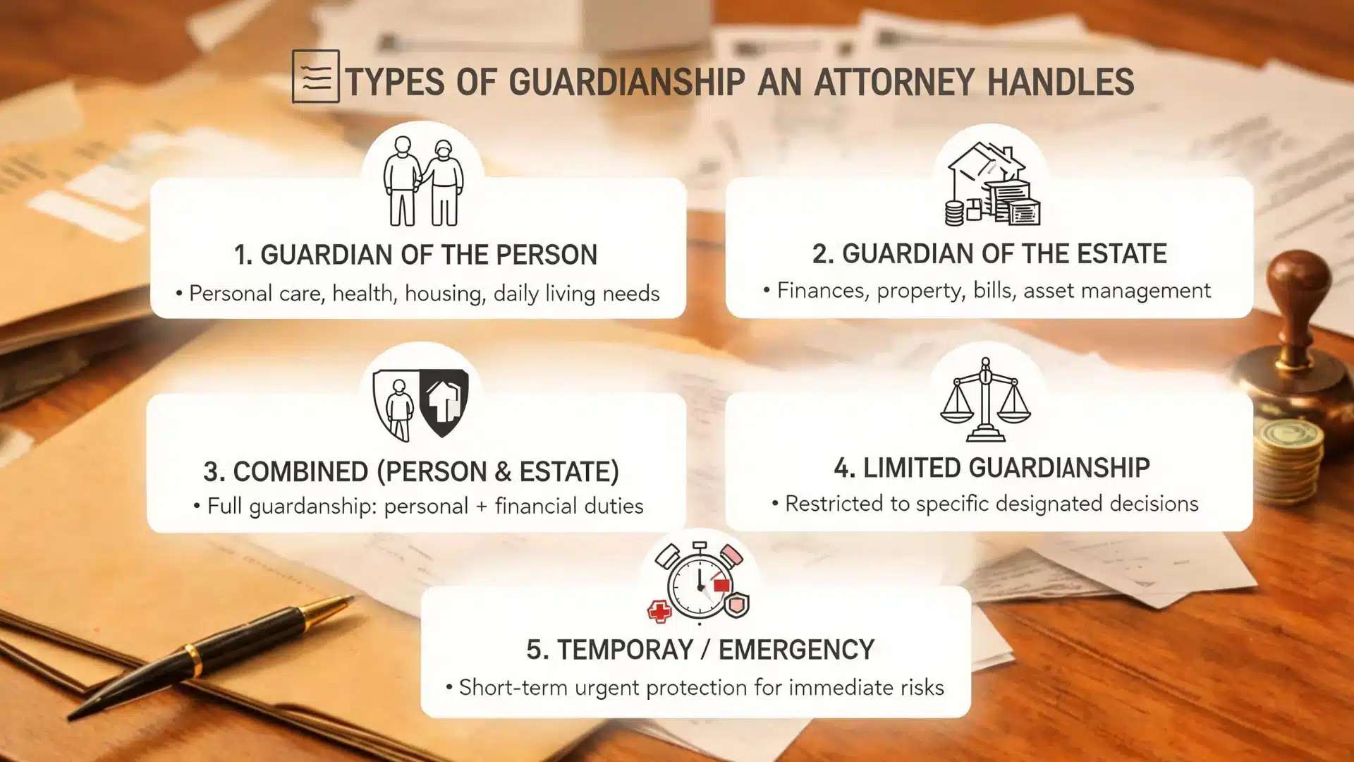 Infographic showing five types of guardianship handled by an attorney