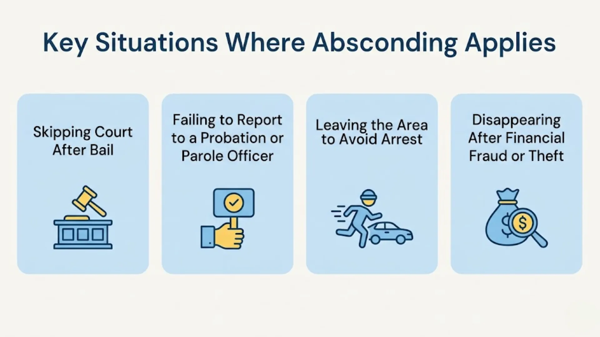 Infographic showing key situations where absconding applies, including bail, probation, arrest, and fraud cases
