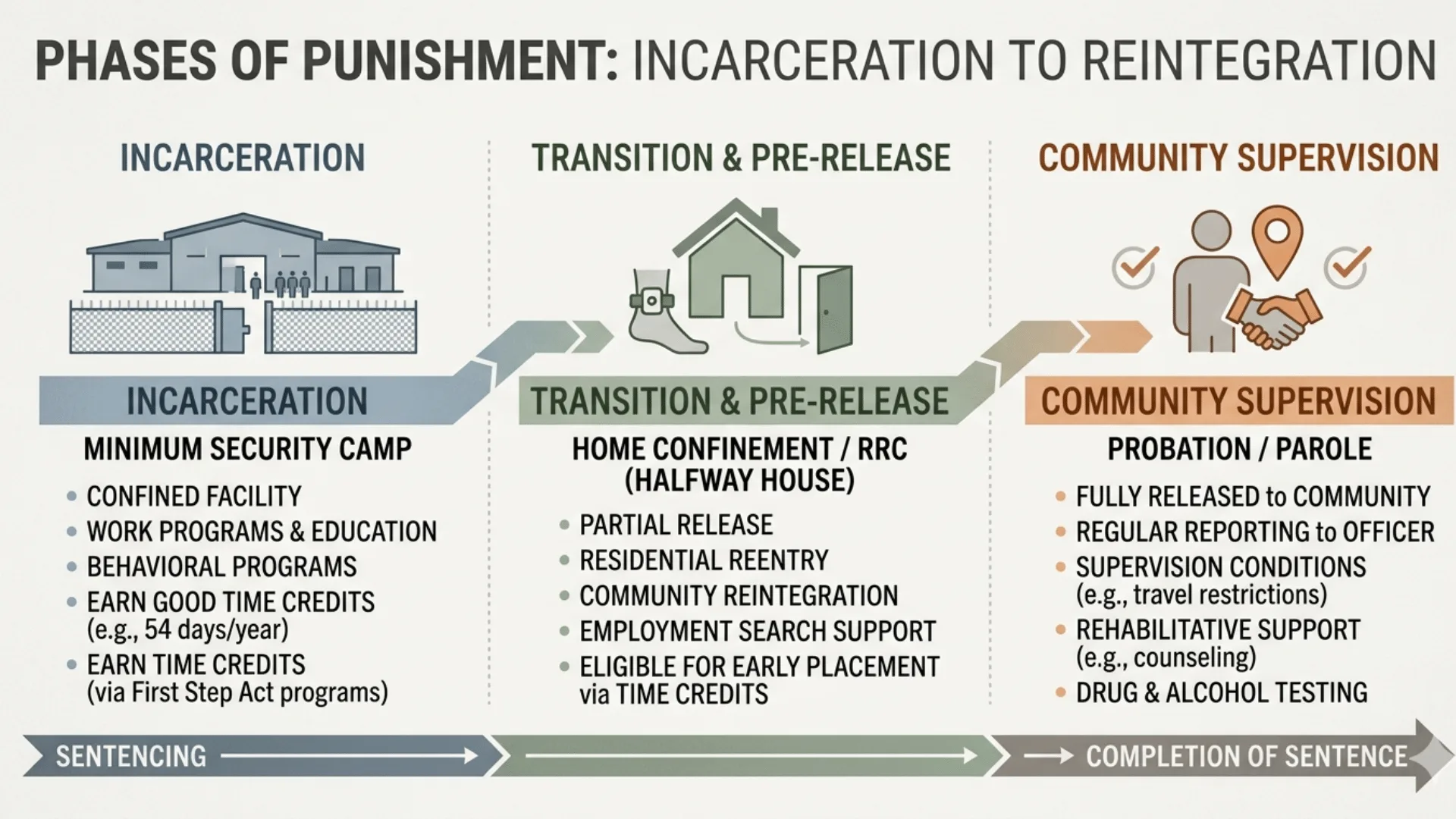 Infographic showing prison sentence timeline including jail time, home confinement, and probation phases