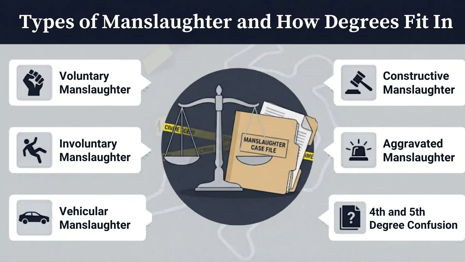 Infographic showing types of manslaughter, legal categories, and degree classifications with courtroom symbols and case file graphics