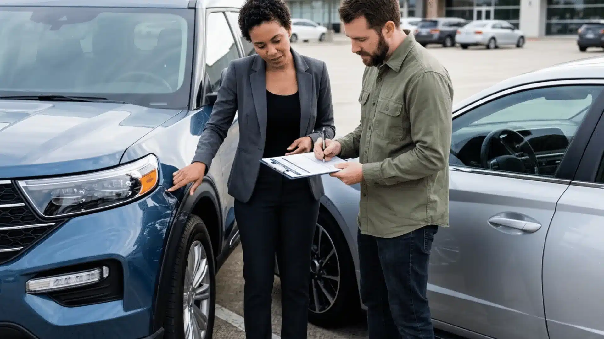 Insurance adjuster and driver documenting vehicle damage after a parking lot accident