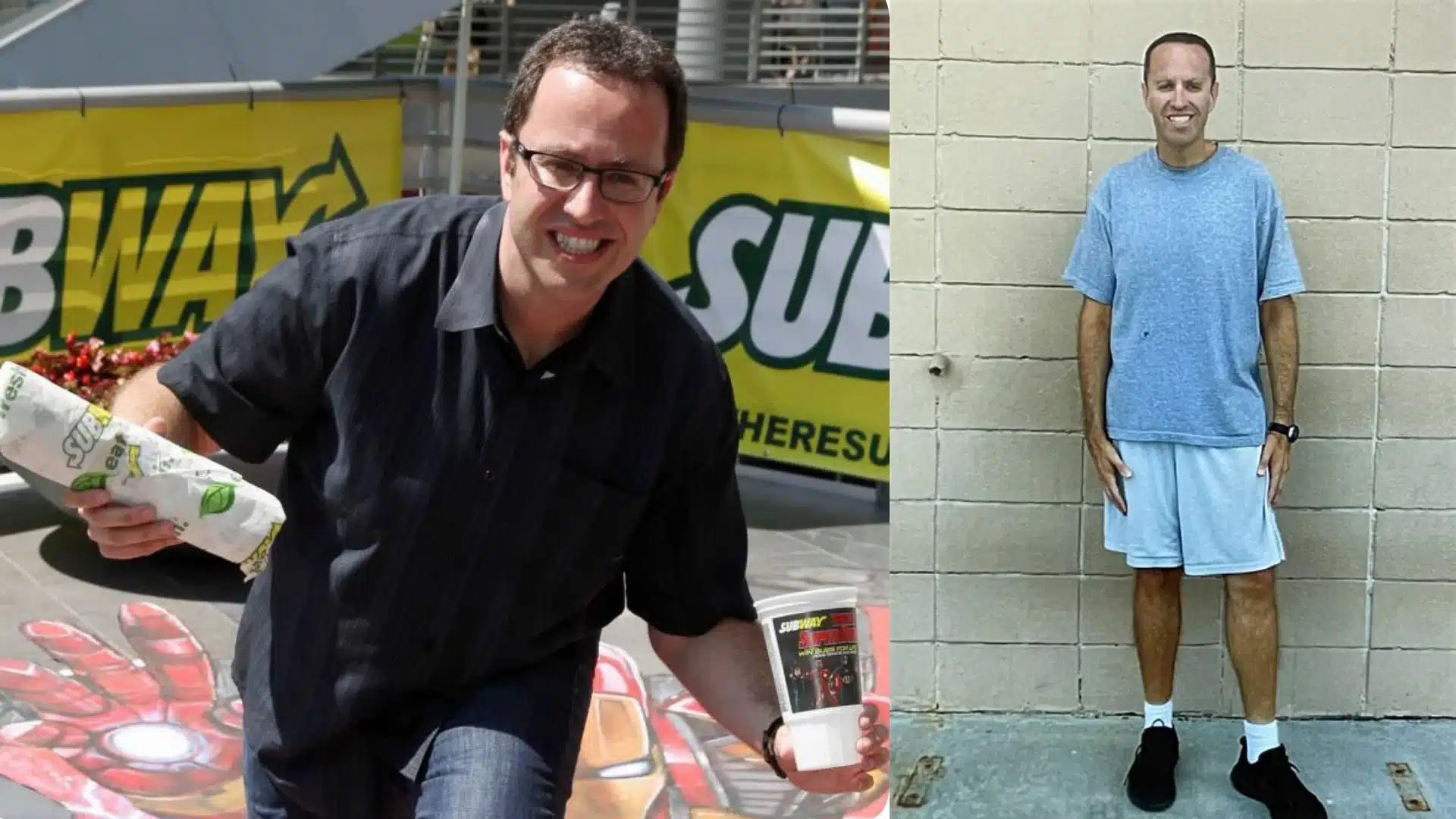 Jared Fogle during Subway promotion beside prison style photo after federal conviction case
