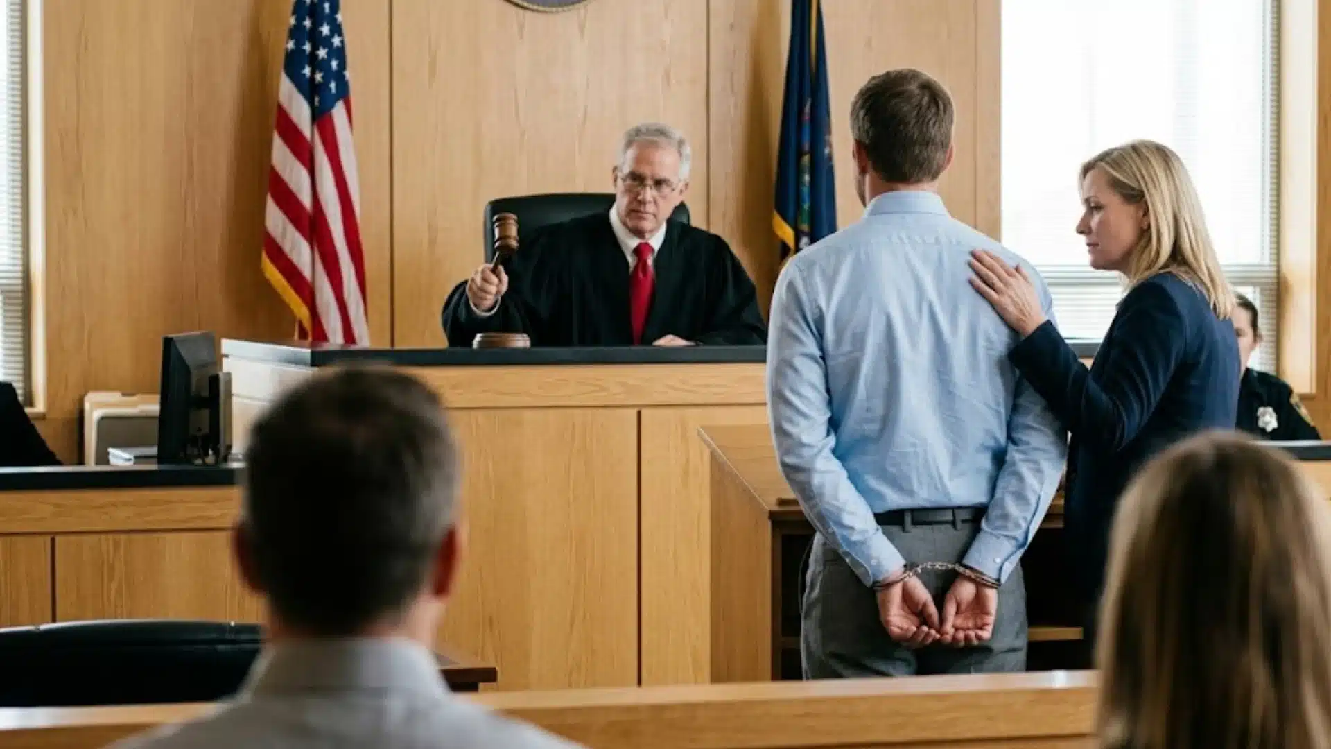 Judge addressing a handcuffed man standing with his defense lawyer during a criminal court hearing