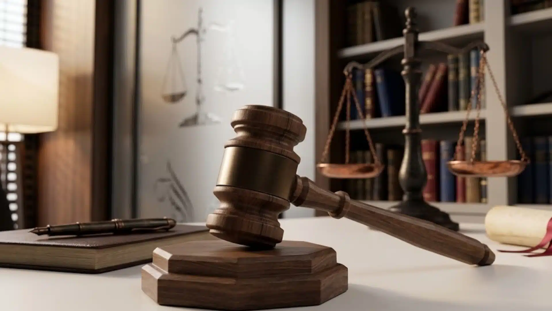 Judge gavel on a law office desk with legal books and justice scales in a courtroom setting