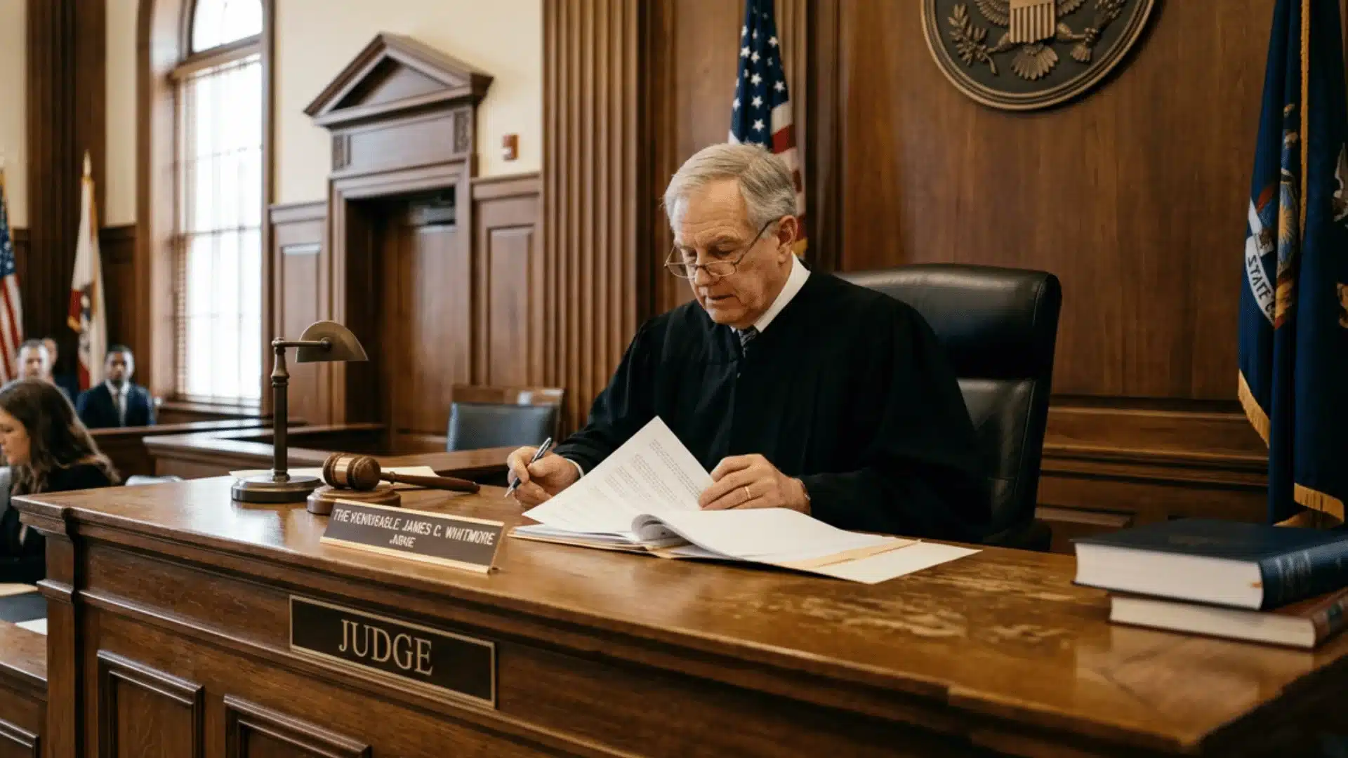 Judge reviewing restraining order petition documents in a Colorado courtroom