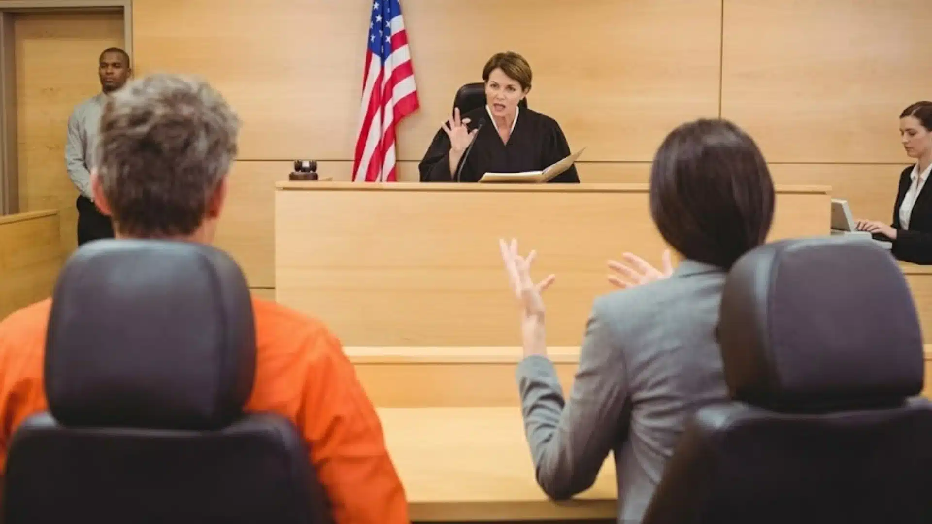 Judge speaking during a courtroom hearing as attorneys and a defendant appear before the bench for review