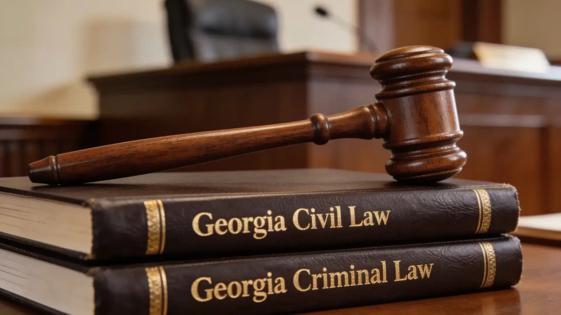 Judge's gavel resting on Georgia civil and criminal law books in courtroom